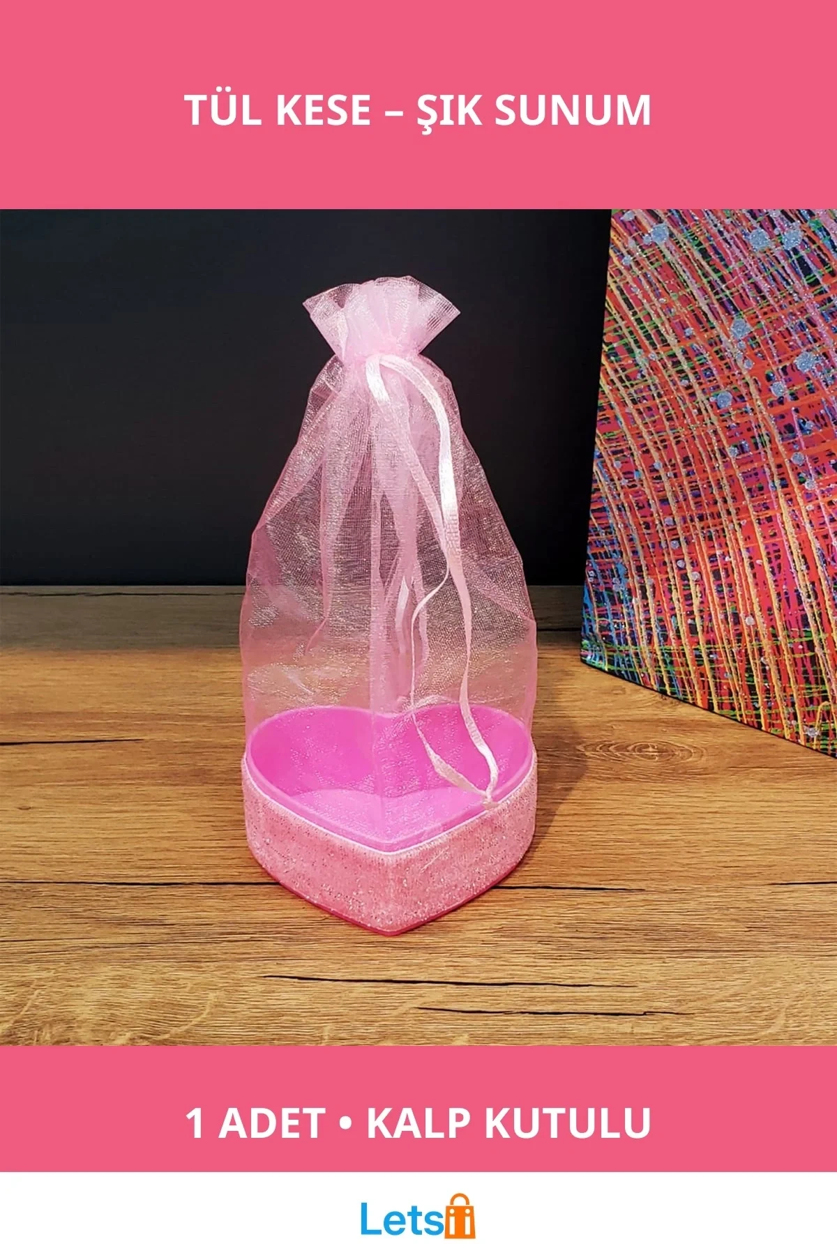 Pembe Kalpli Tül Kese ve Simli Kalp Kutusu