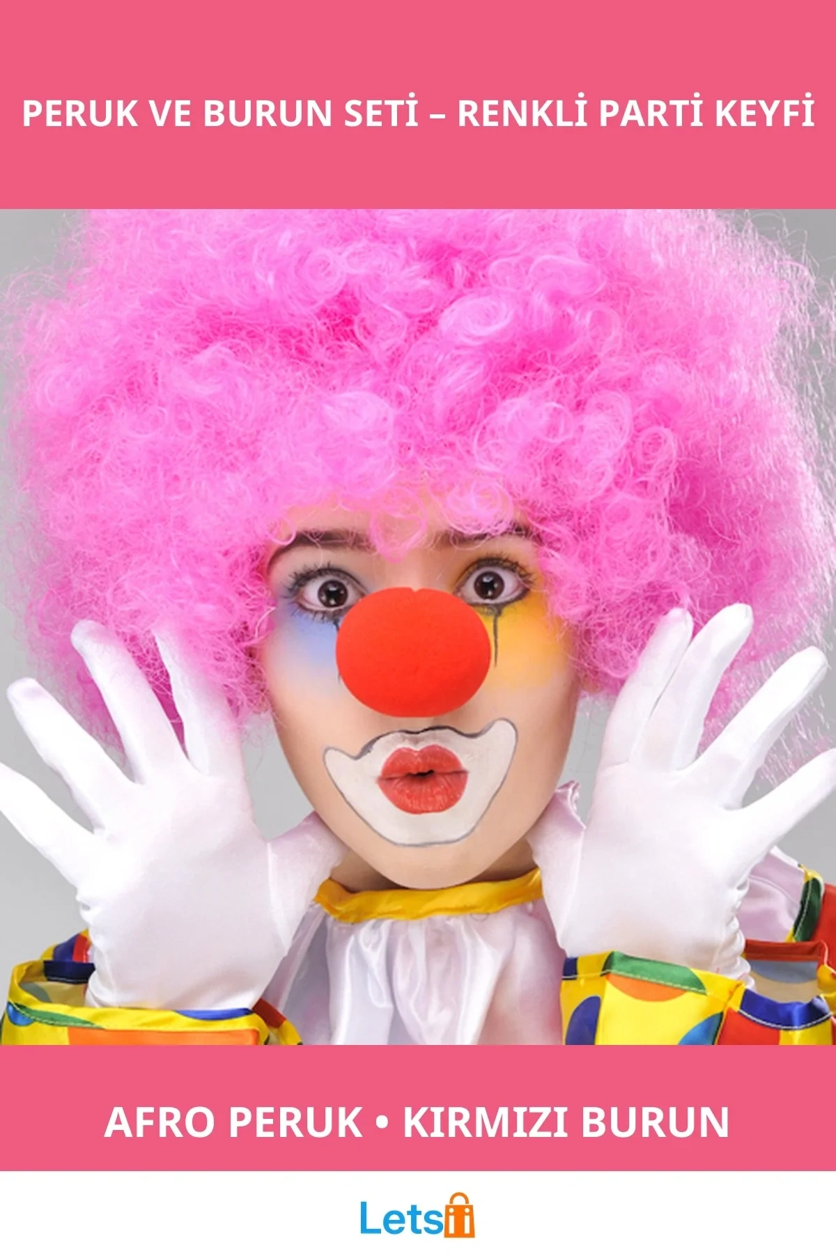 Pembe Renk Kıvırcık Bonus Peruk ile Kırmızı Burun Seti