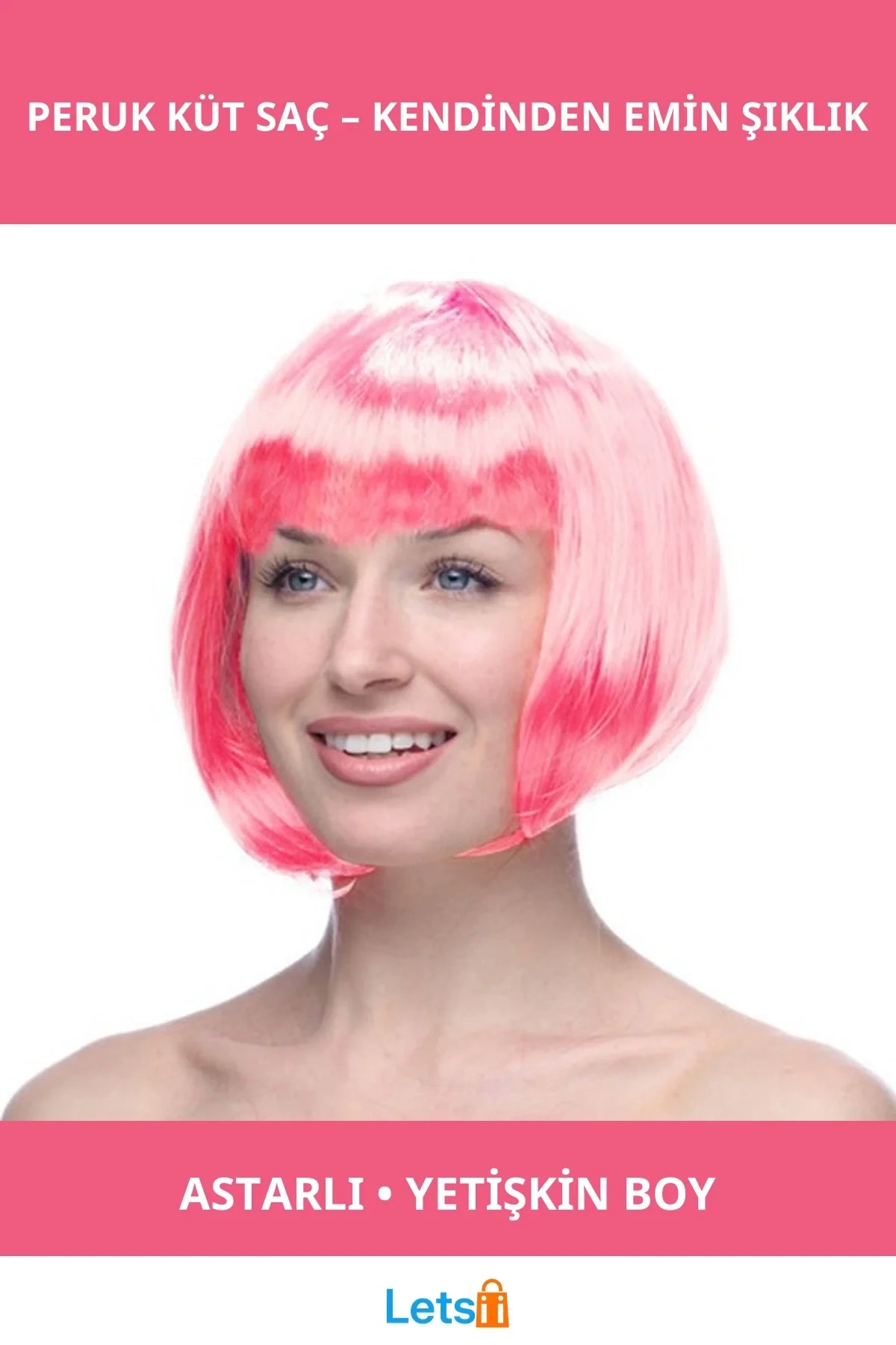 Pembe Renk Küt Saç Peruk Rahat ve Gerçekçi Görünüm