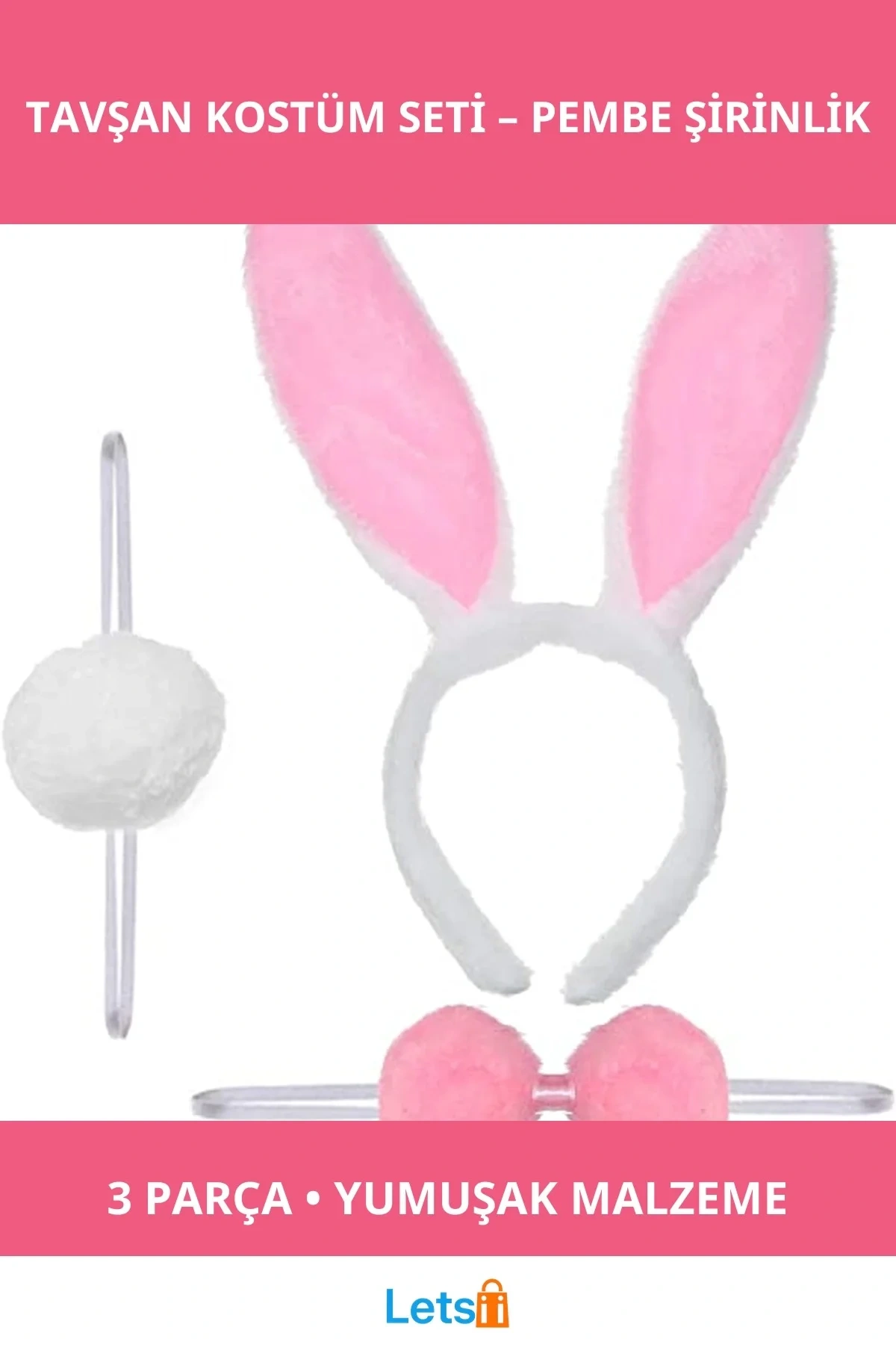 Pembe Renk Tavşan Taç Papyon Kuyluk Kostüm Aksesuar Seti