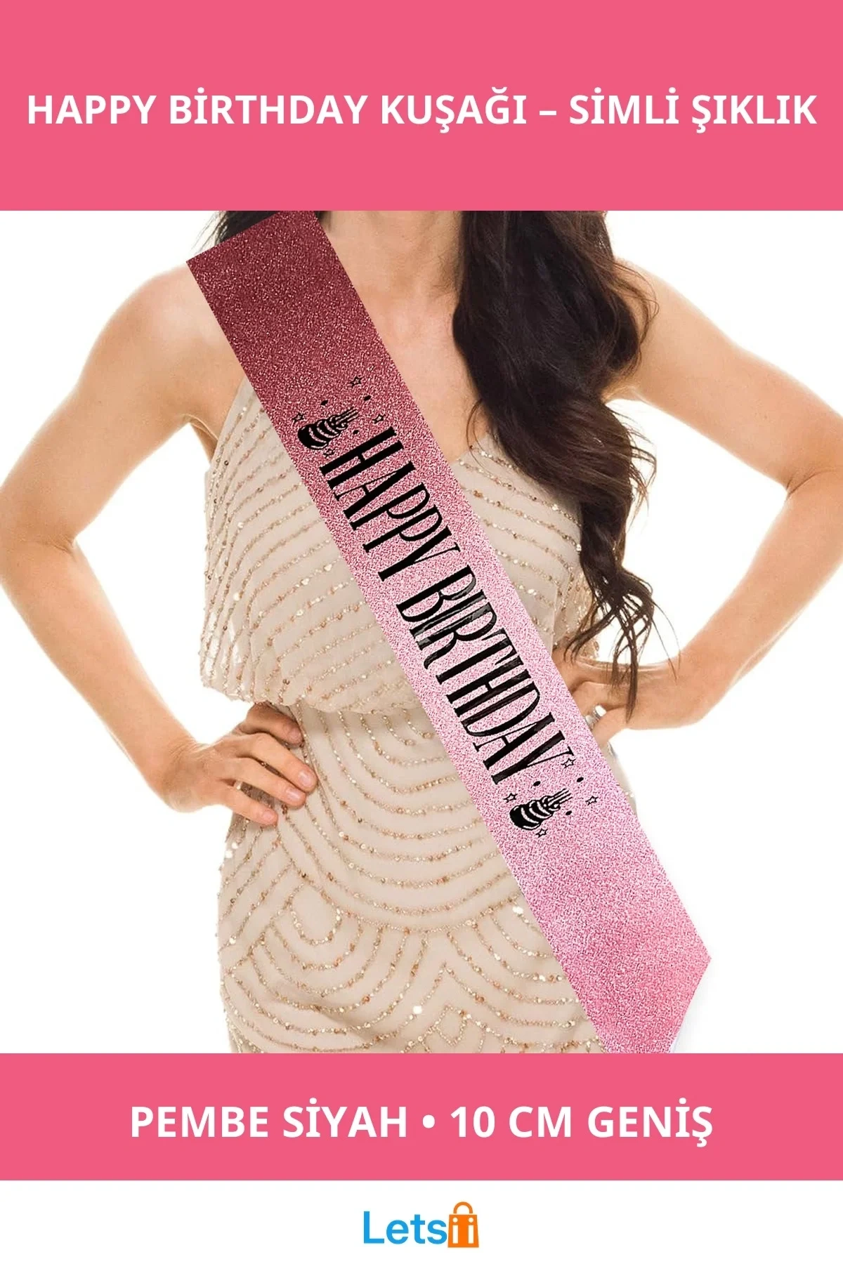 Pembe Siyah Happy Birthday Simli Kuşak Kemer