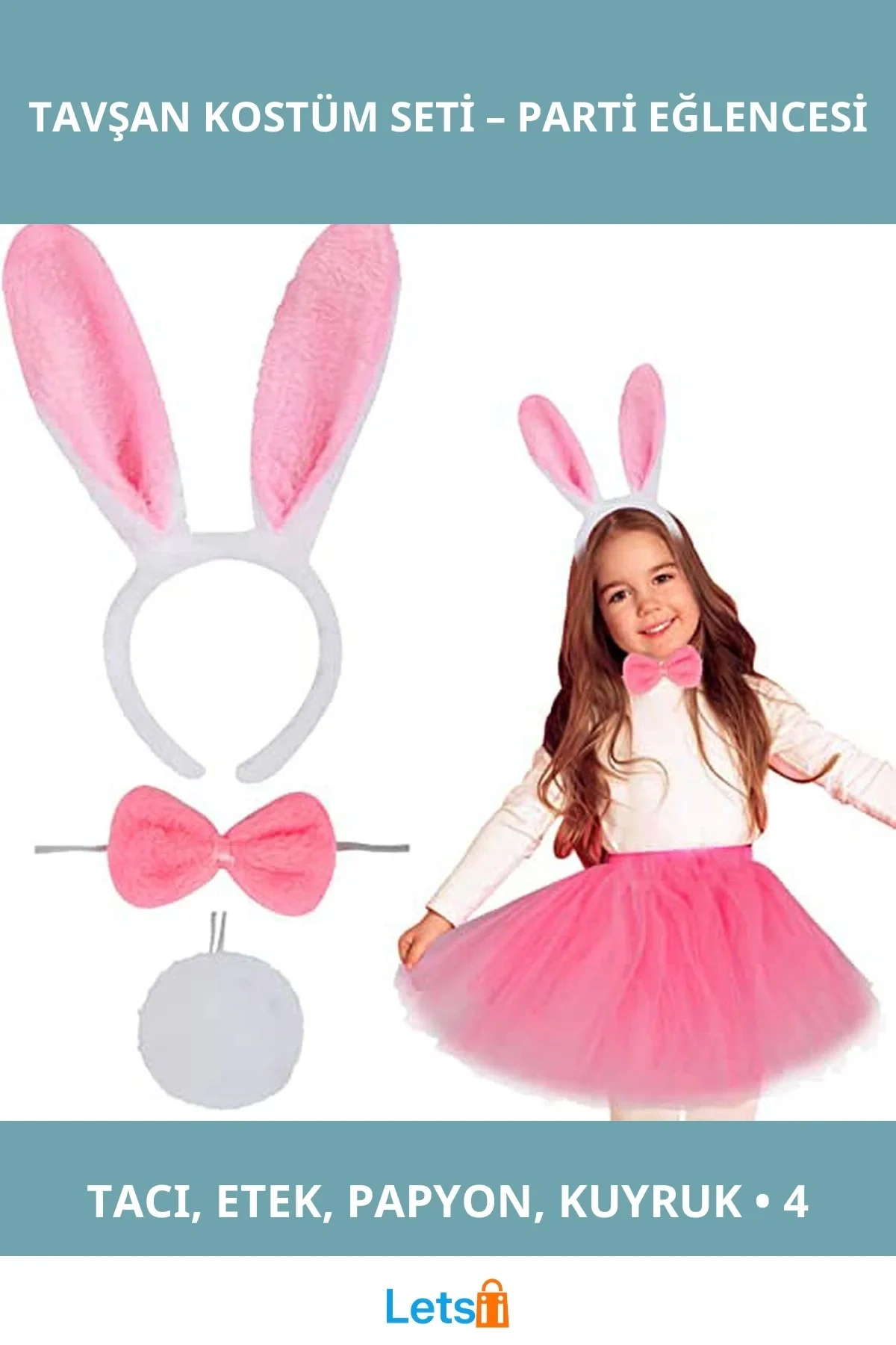 Pembe Tavşan Tacı Etek Papyon Kuyruk Kostüm Takımı