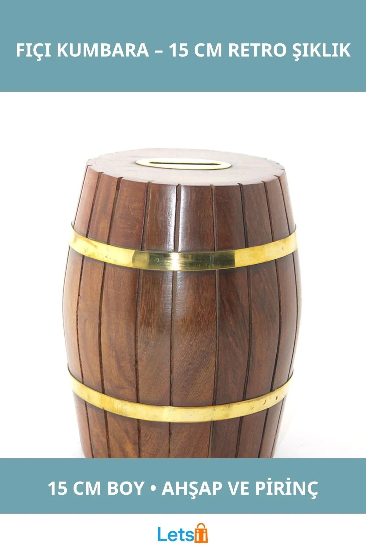 Pirinç Ahşap Fıçı Kumbara 15 Cm Dekoratif Para Biriktirme Aracı