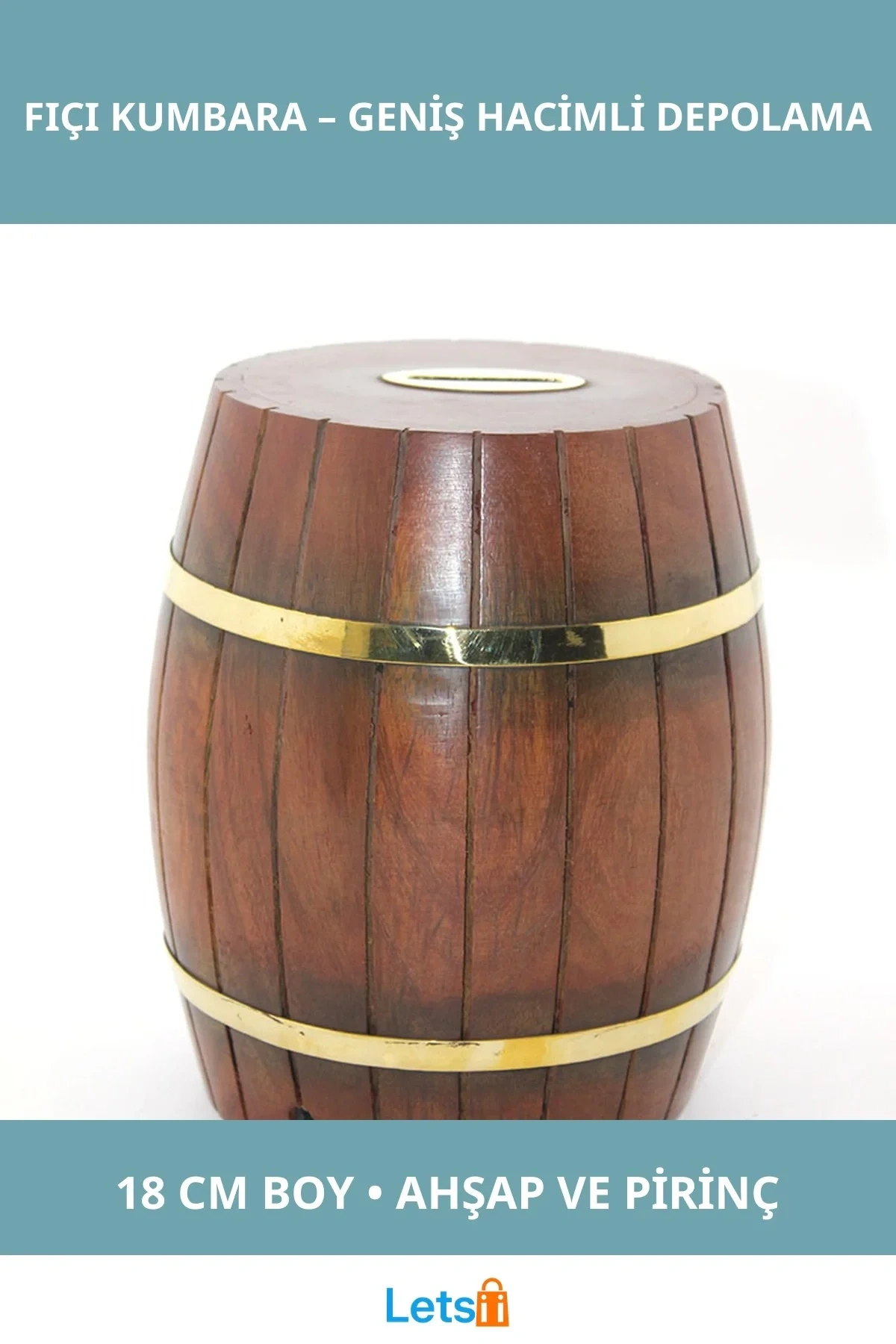 Pirinç Ahşap Fıçı Kumbara 18 Cm Dayanıklı Dekoratif Para Biriktirme Aracı