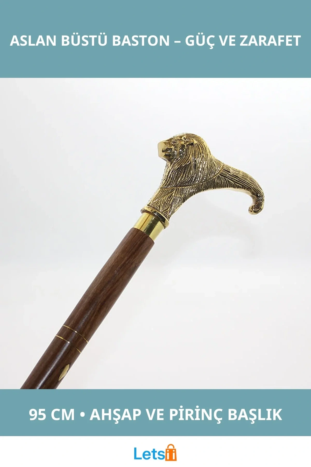 Pirinç Aslan Büstü 95 cm Şık Baston Dekoratif Obje