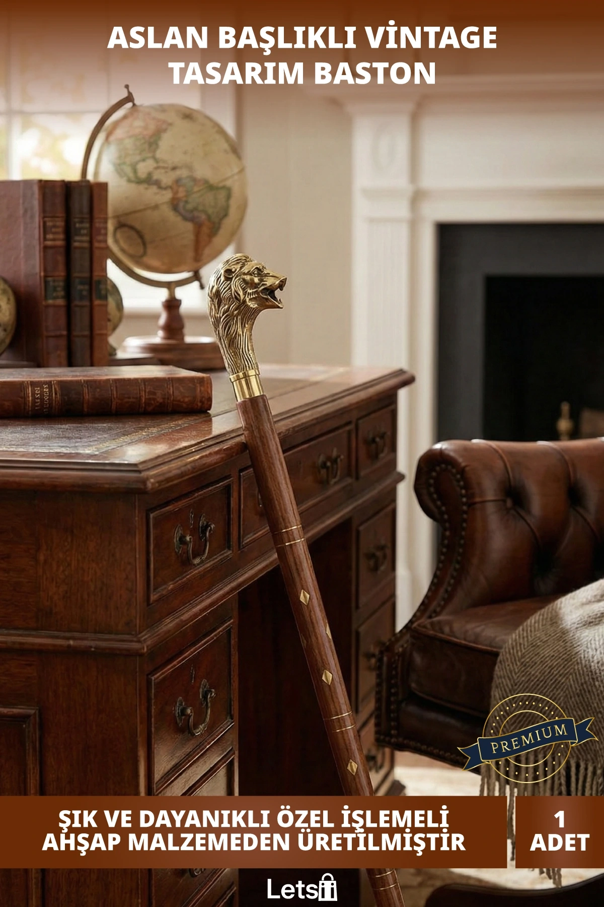 Pirinç Aslan Figürlü Şık İşlemeli ve Dayanıklı Baston 95 cm