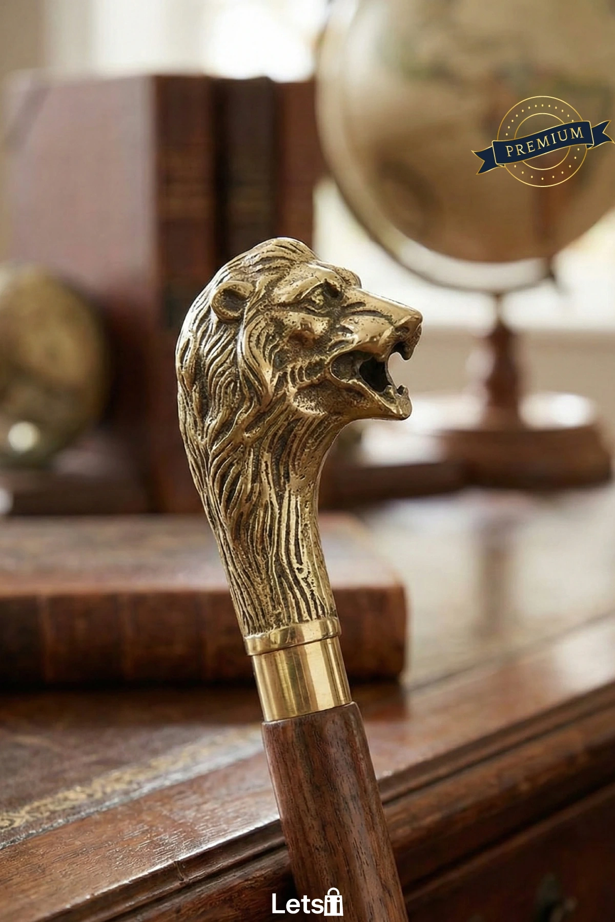 Pirinç Aslan Figürlü Şık İşlemeli ve Dayanıklı Baston 95 cm