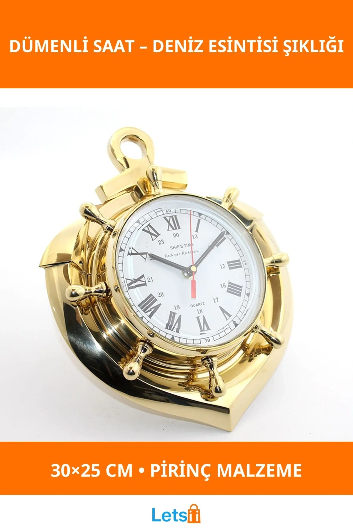 Pirinç Çapa Tasarımlı Dümenli Dekoratif Saat 30x25 cm