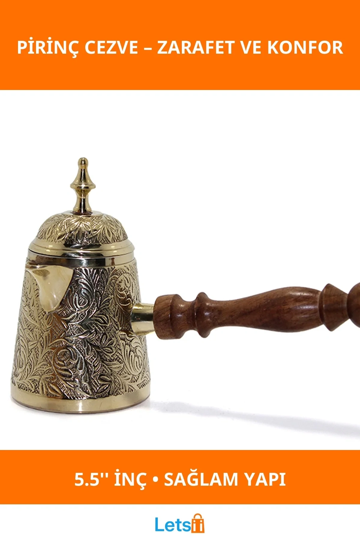 Pirinç Cezve 5.5 İnç Zarif Tasarım Ahşap Saplı Türk Kahvesi Pişirme