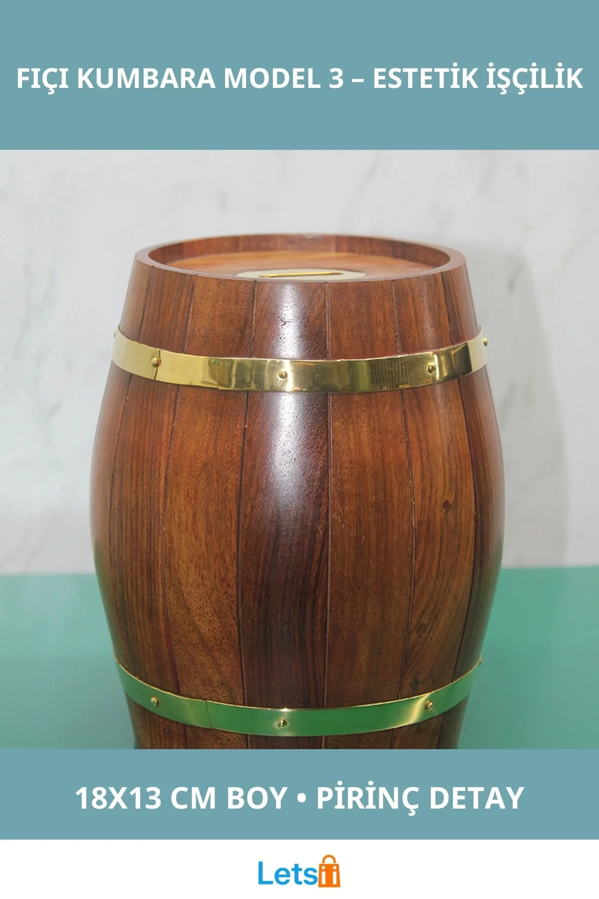 Pirinç Detaylı Estetik Fıçı Kumbara 18x13 cm
