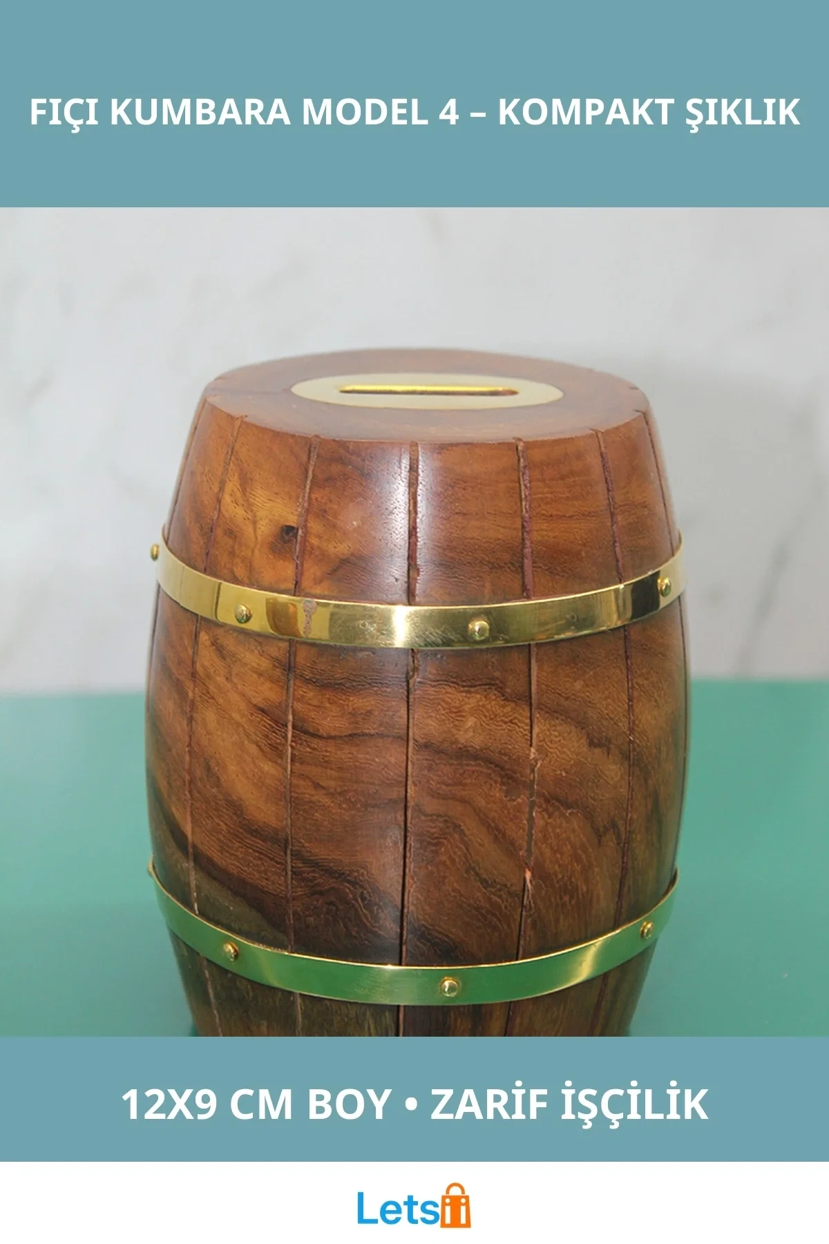 Pirinç Detaylı Şık Fıçı Kumbara 12x9 cm