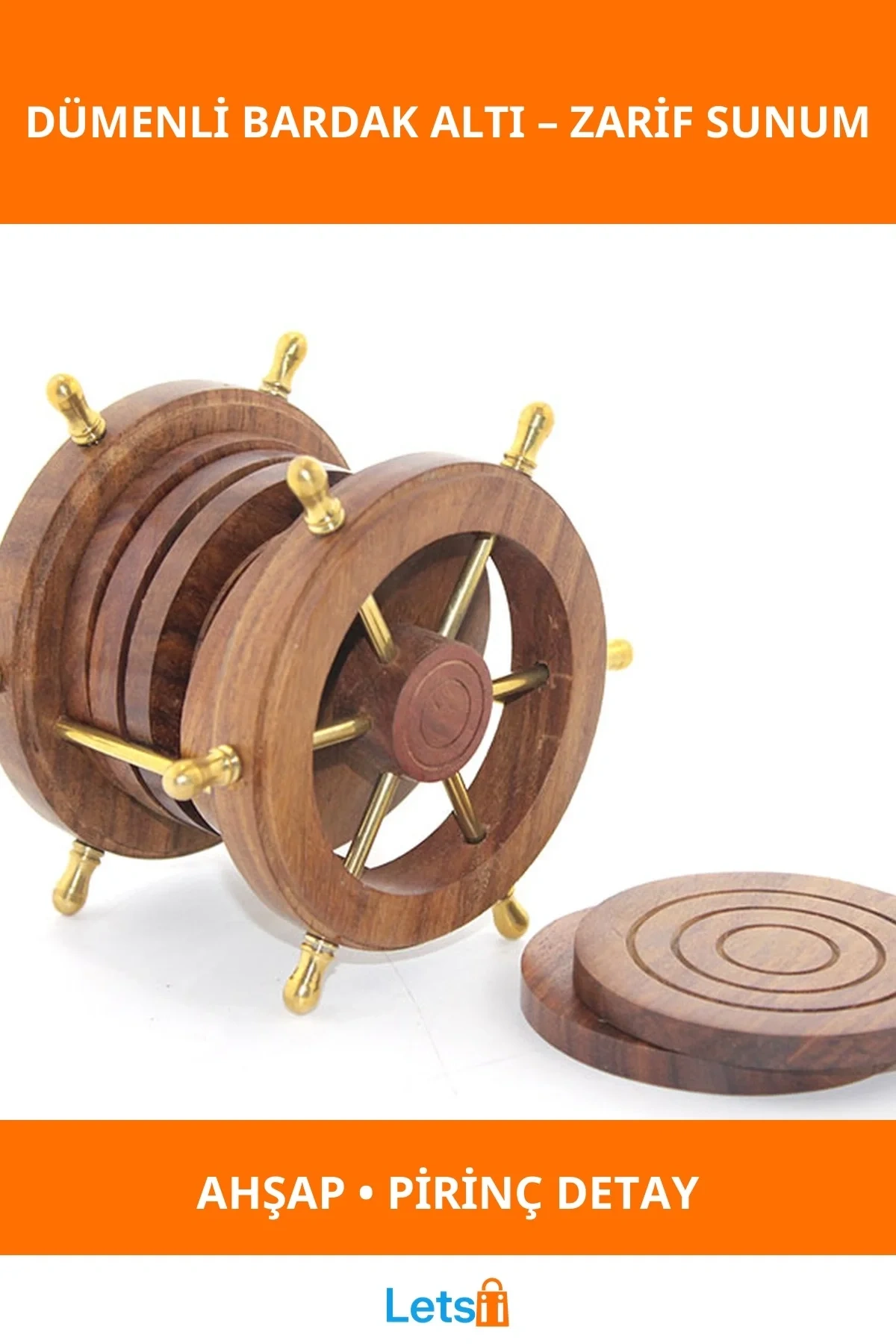 Pirinç Dümenli Ahşap Bardak Altlığı 6lı Set