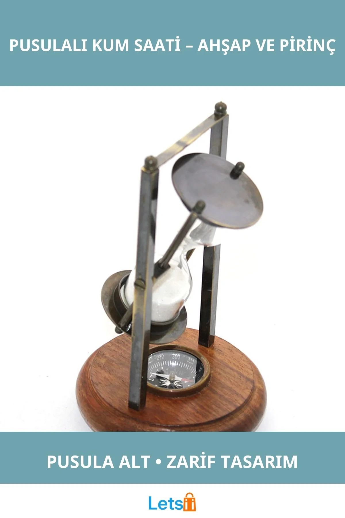 Pirinç Pusulalı Ahşap Kum Saati Şık Dekoratif Obje