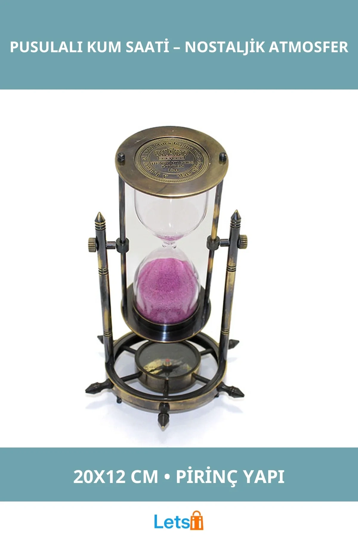 Pirinç Pusulalı Nostaljik Kum Saati 20x12 cm