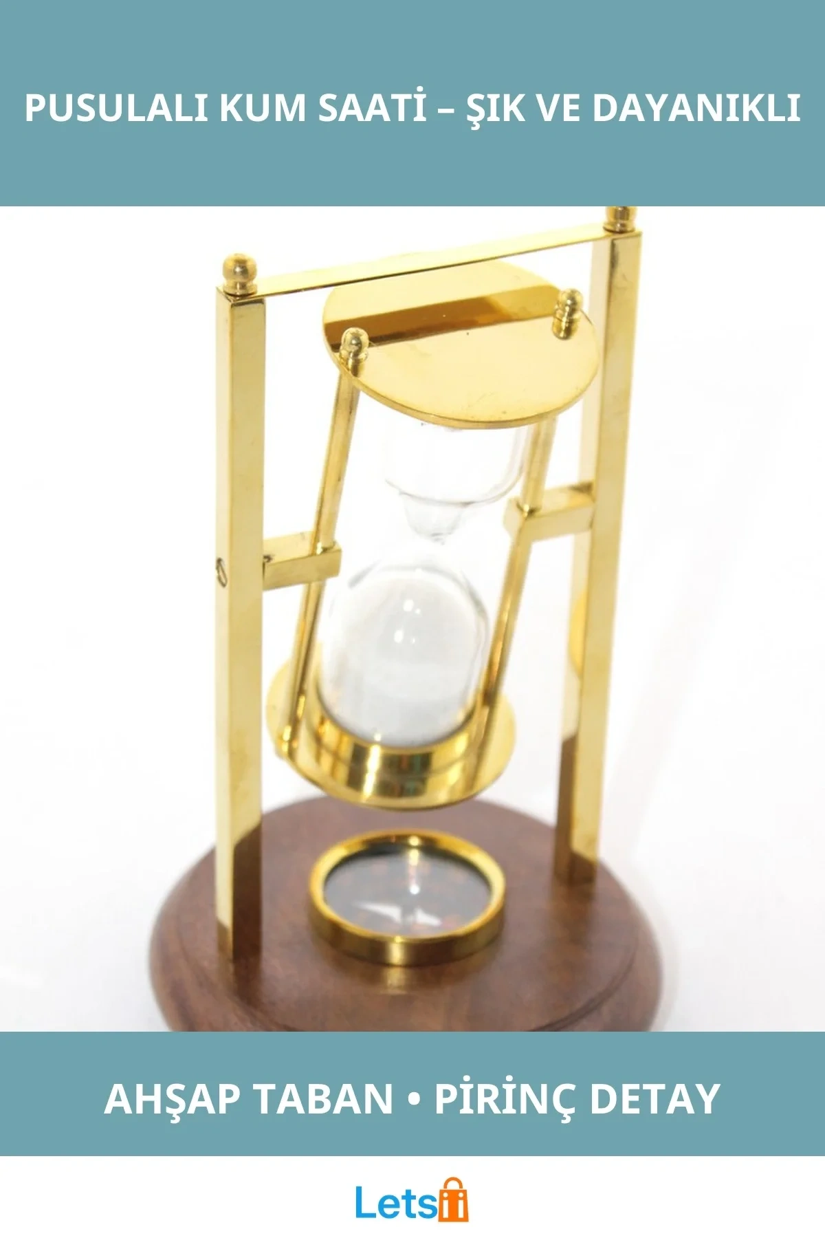 Pirinç Pusulalı Şık Kum Saati Ahşap Altlıklı Dekoratif Zaman Ölçüm Aleti