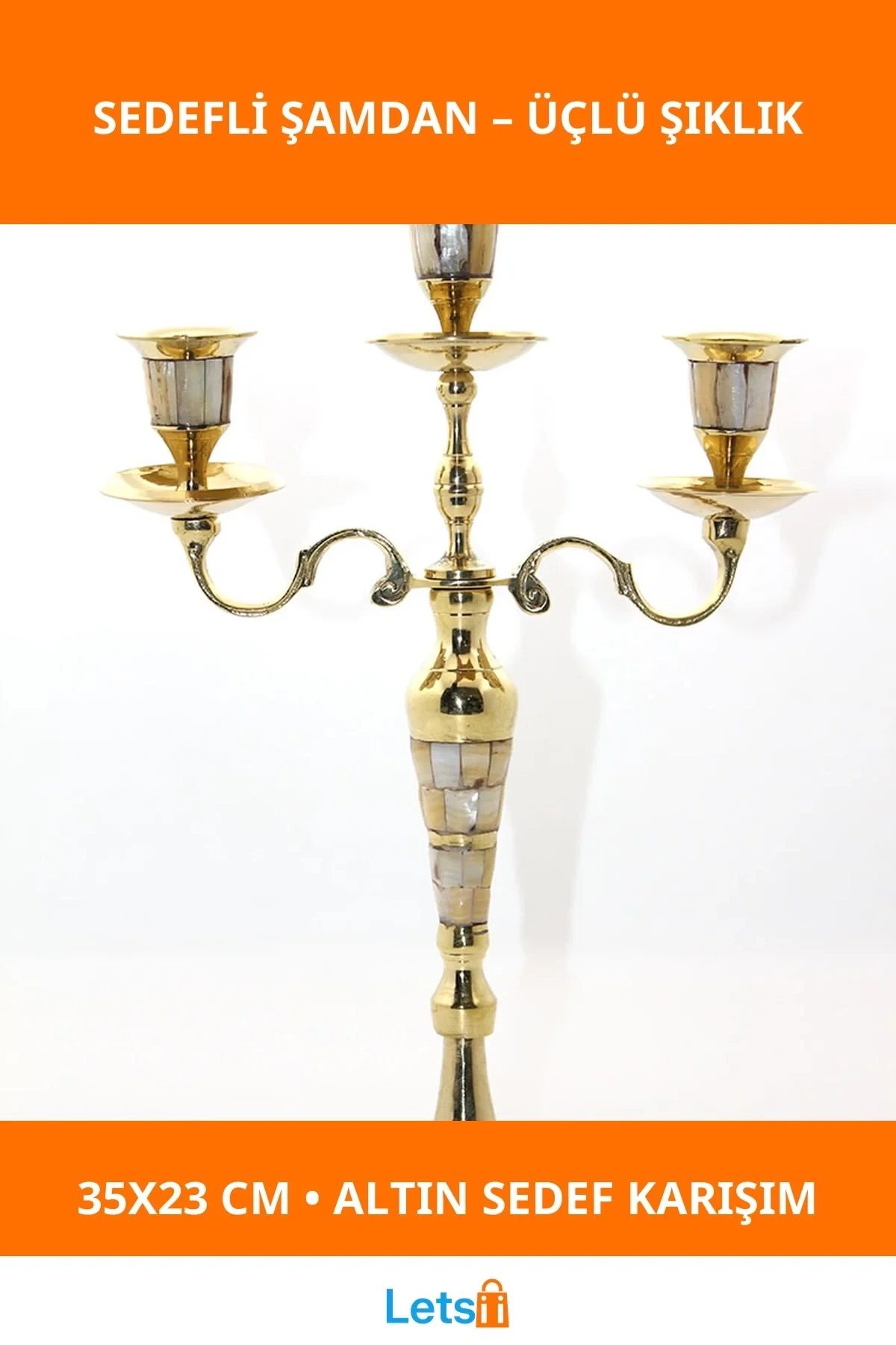 Pirinç Sedefli 3lü Şamdan Altın Detaylı Dekoratif