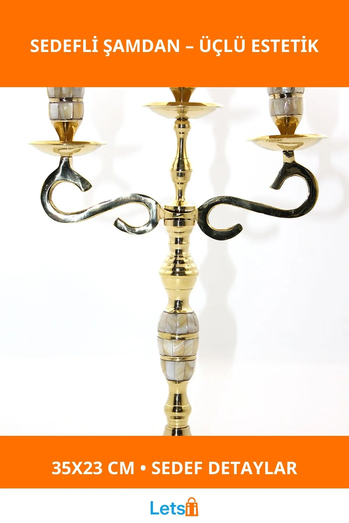 Pirinç Sedefli 3lü Şamdan Zarif Dekoratif Aydınlatma