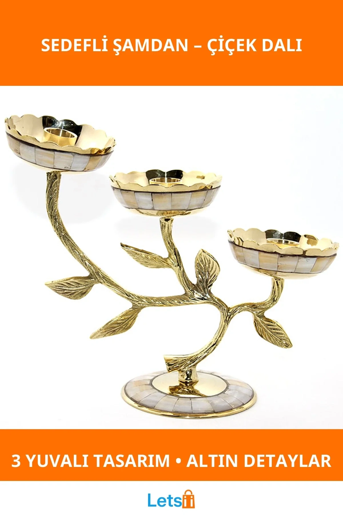 Pirinç Sedefli Şamdan 3lü Altın Detaylarla Şık Dekor