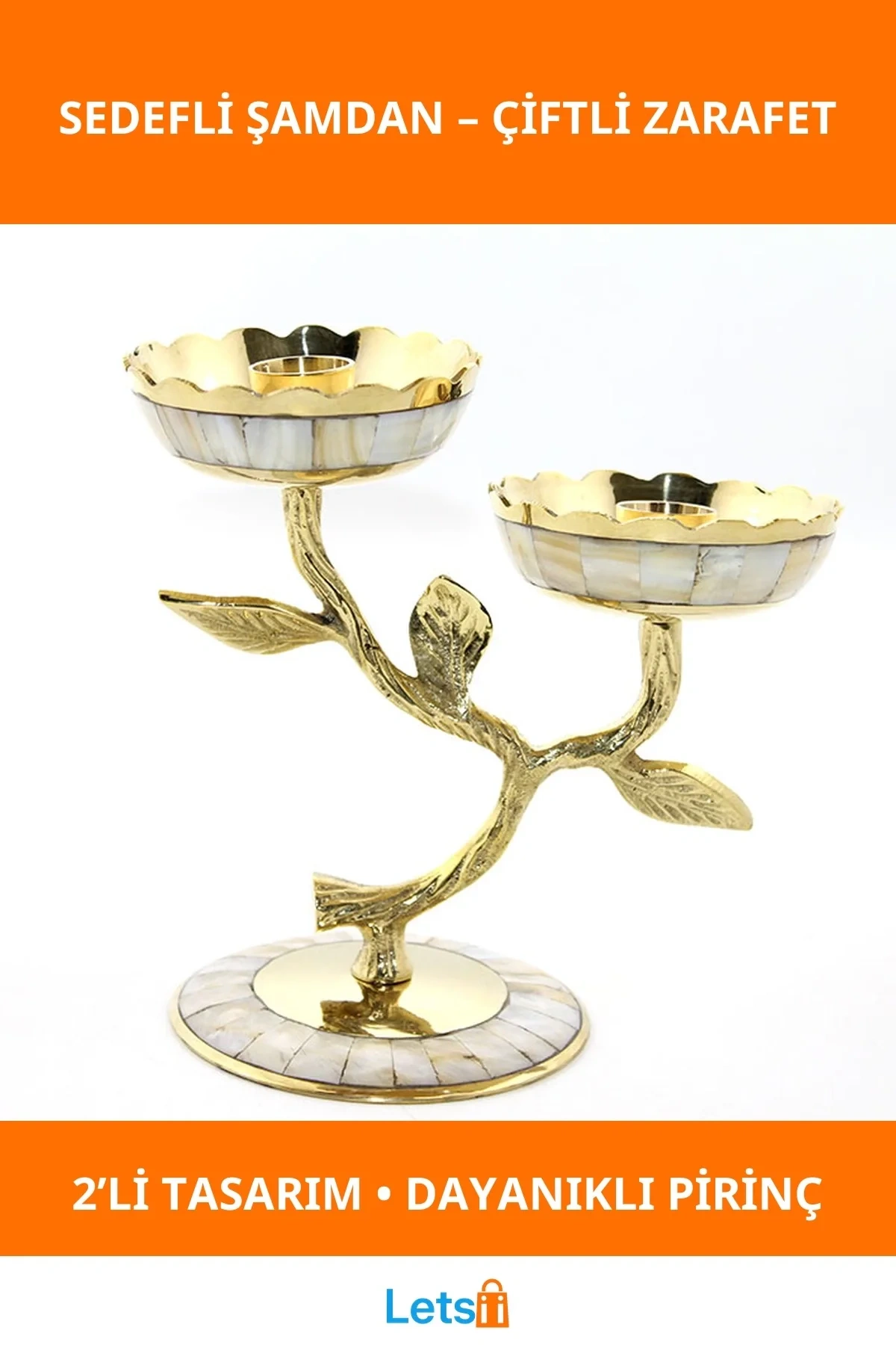 Pirinç Sedefli Zarif 2li Şamdan Seti