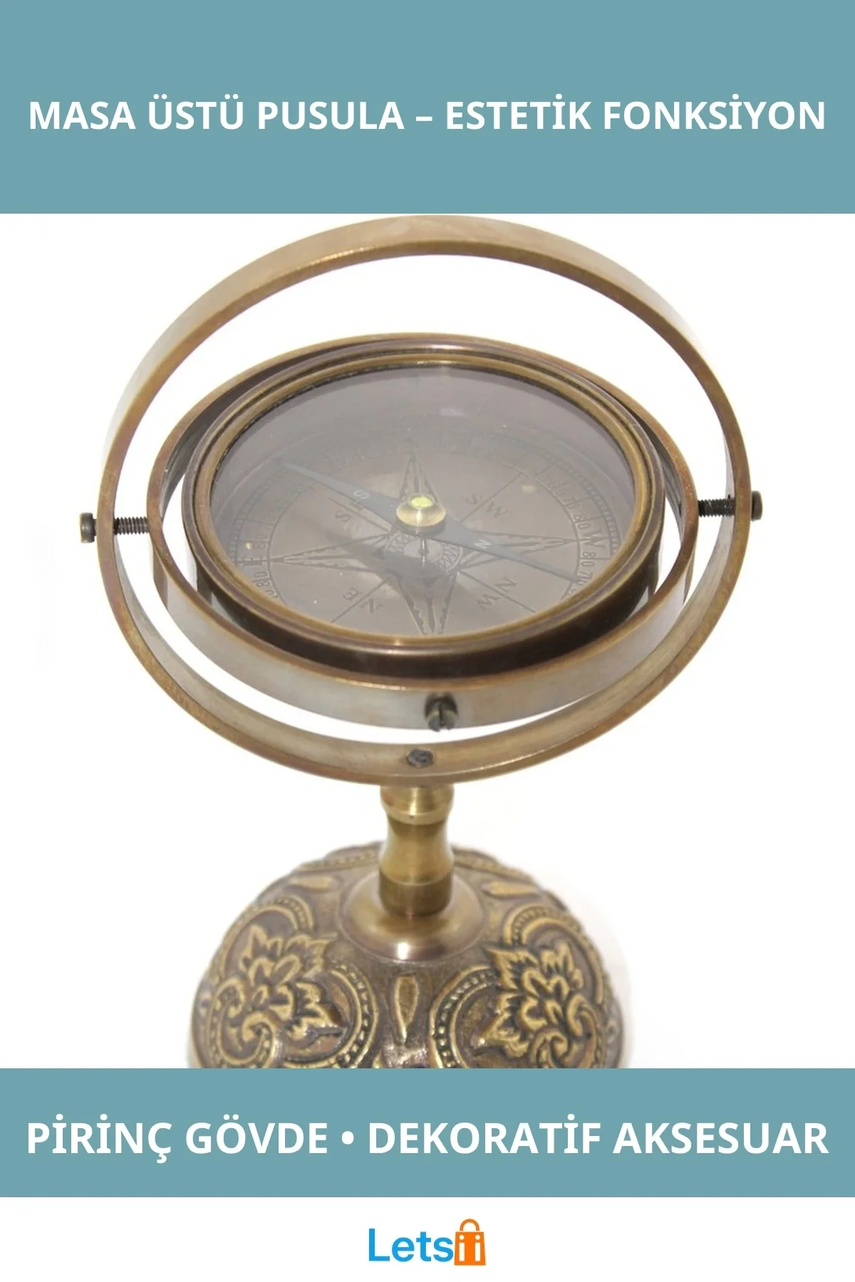 Pirinç Şık Masa Üstü Pusula Dekoratif Objeleri
