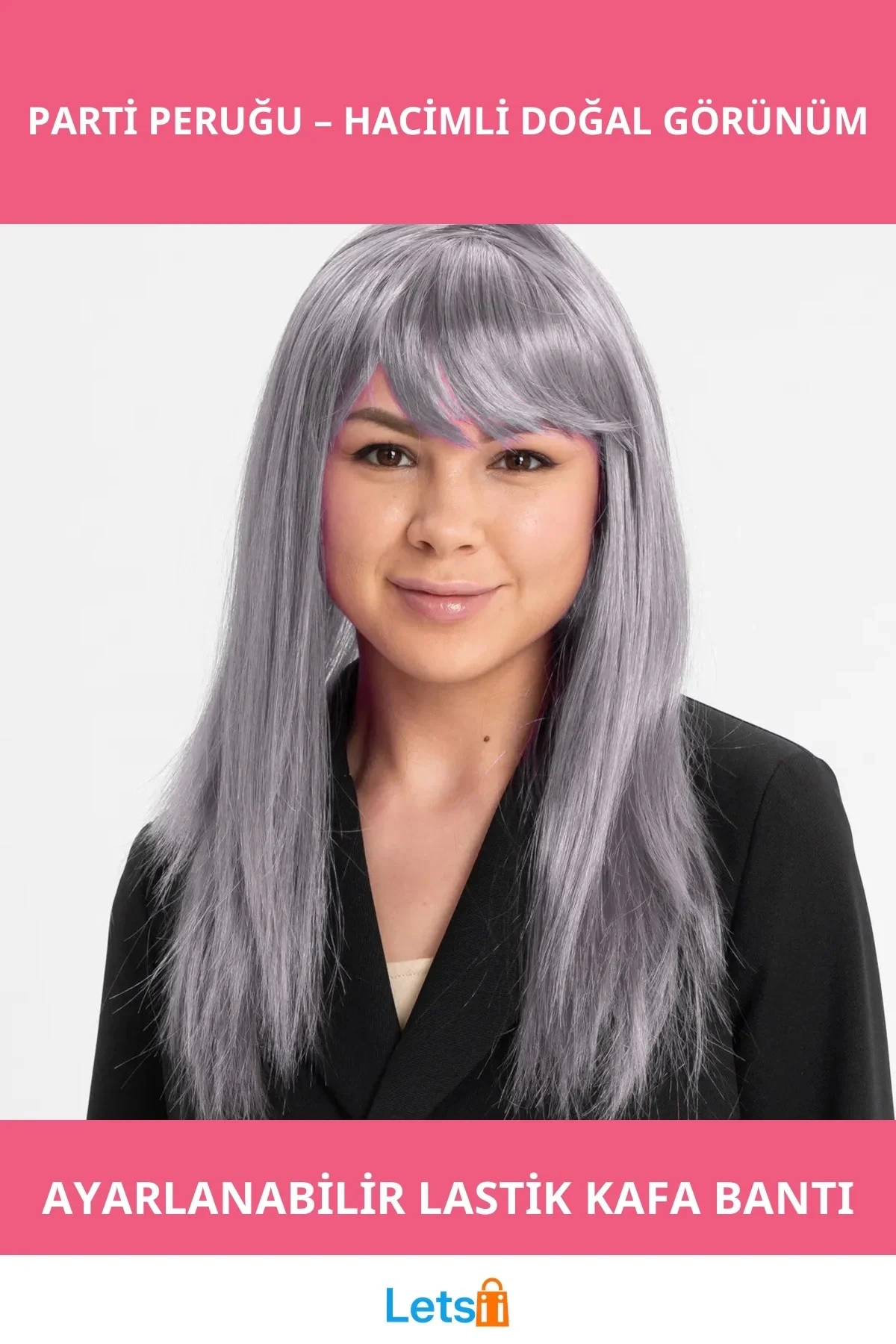 Platin Gri Gümüş Uzun Parti Peruğu Yüksek Kalite Sentetik