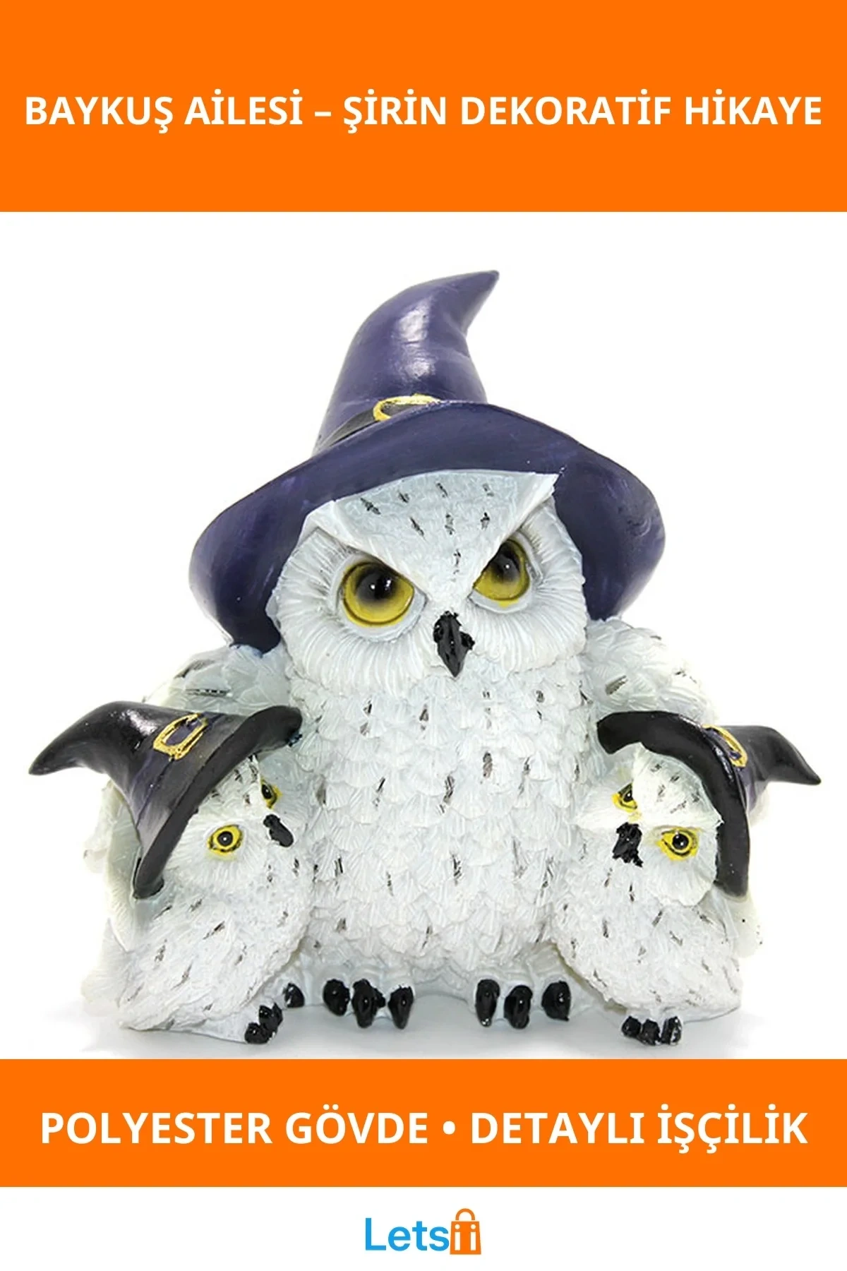 Polyester Büyücü Şapkalı Baykuş Ailesi Dekoratif Figürü