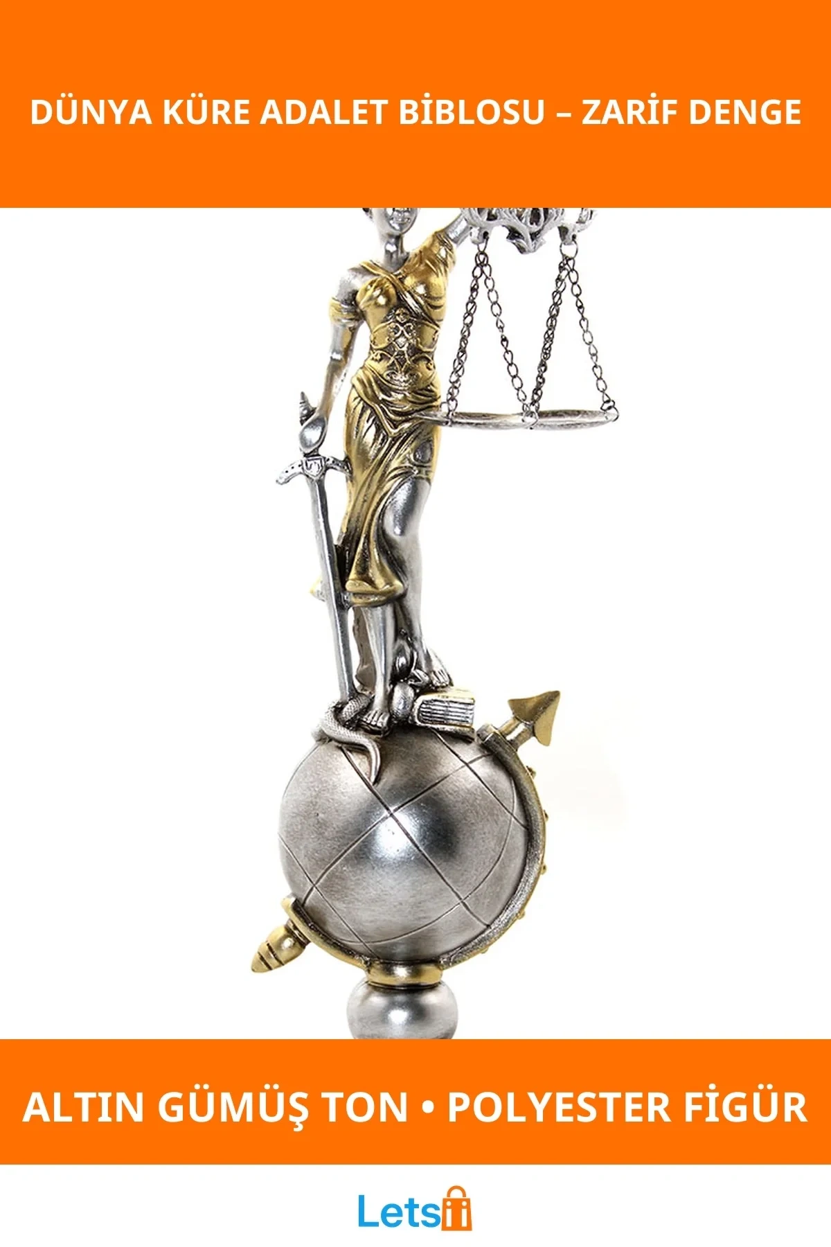Polyester Dünya Küre Üzerinde Adalet Biblosu Altın Gümüş Renkli