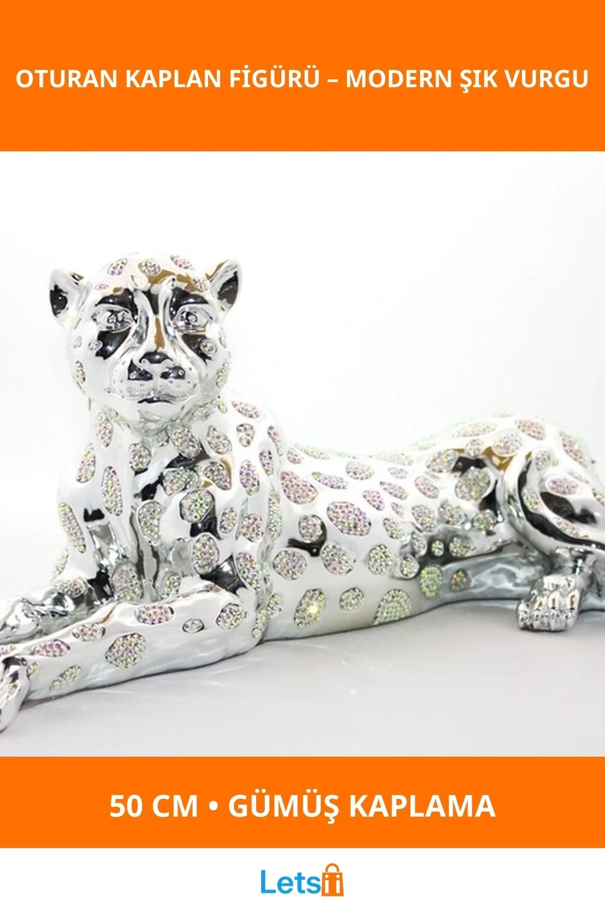 Polyester Oturan Kaplan Figürü 50 cm Gümüş Renk Dekoratif Obje