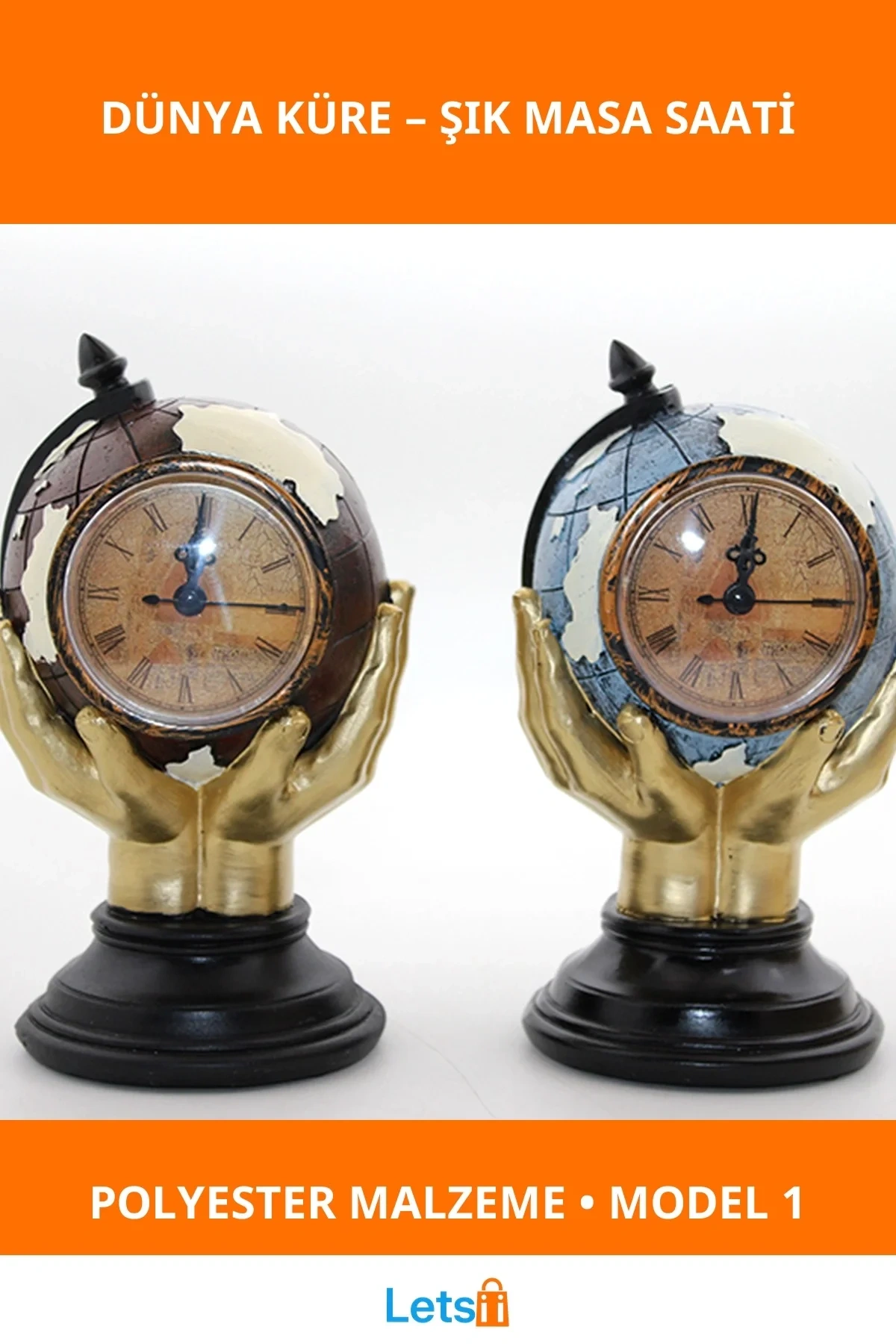 Polyester Saatli Dünya Küre Şık Dekoratif Masa Saati