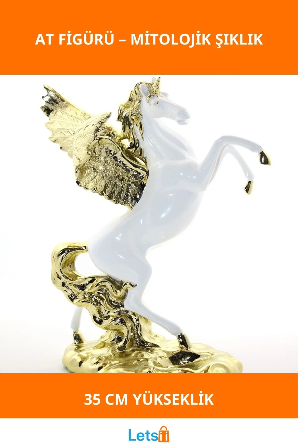 Polyester Şahlanan Kanatlı At Figürü 35 cm Beyaz Altın