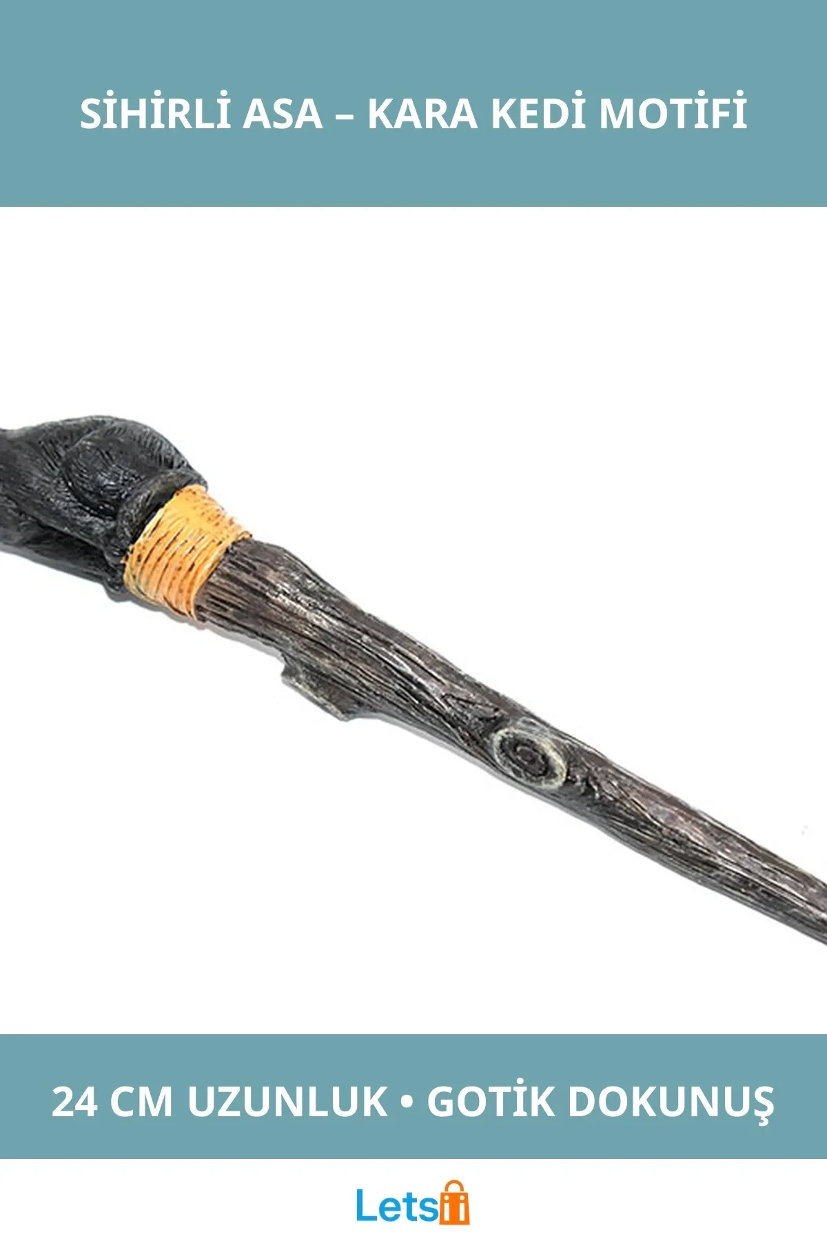 Polyester Sihirli Asa Kara Kedi Temalı 24 cm Cadı Aksesuarı