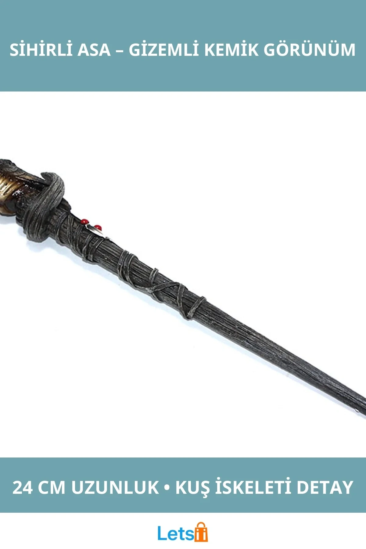 Polyester Sihirli Asa Kuş İskeleti Detaylı 24 cm Gotik Aksesuar