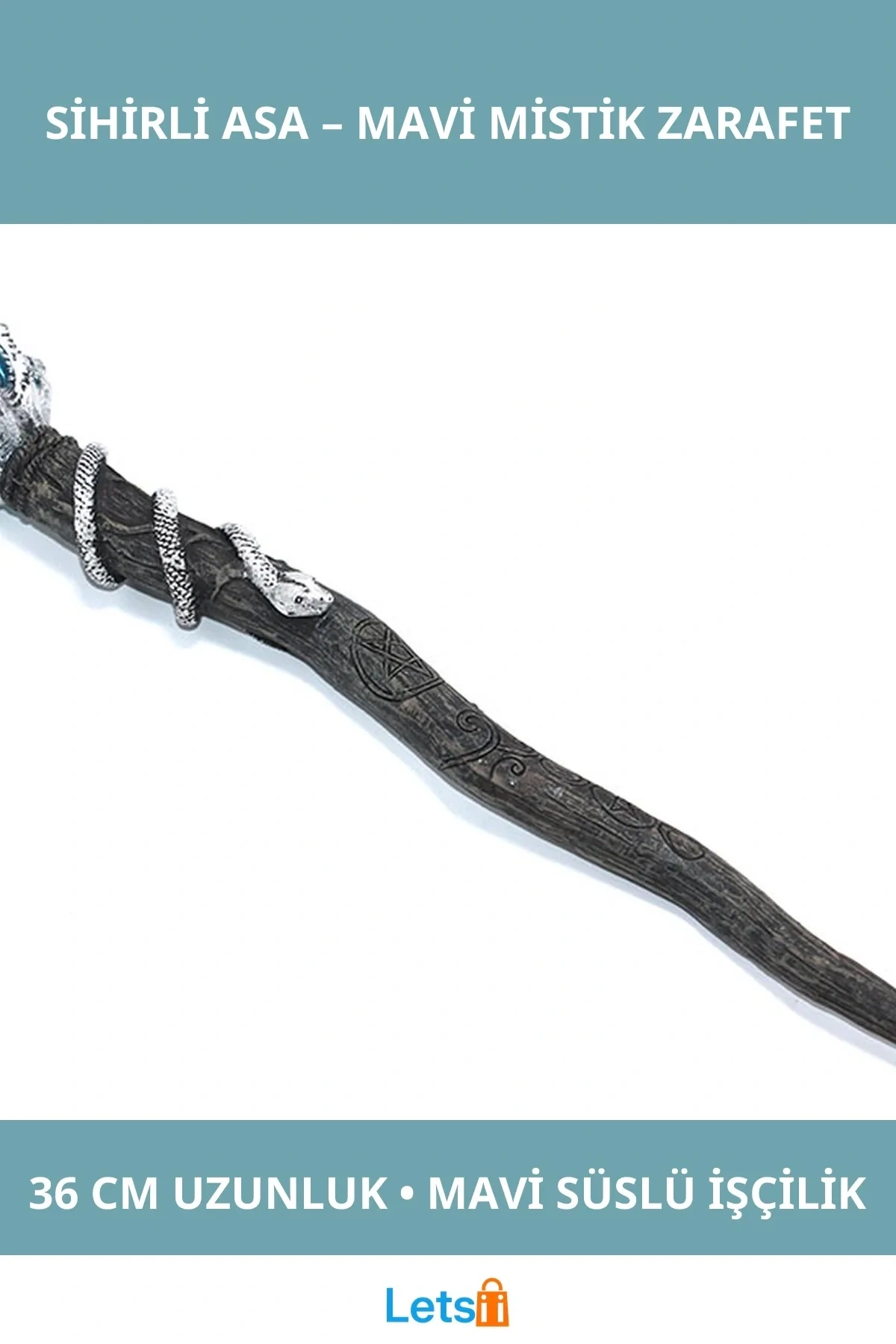 Polyester Sihirli Asa Mavi Detaylı 36 cm Fantastik Büyü Asası