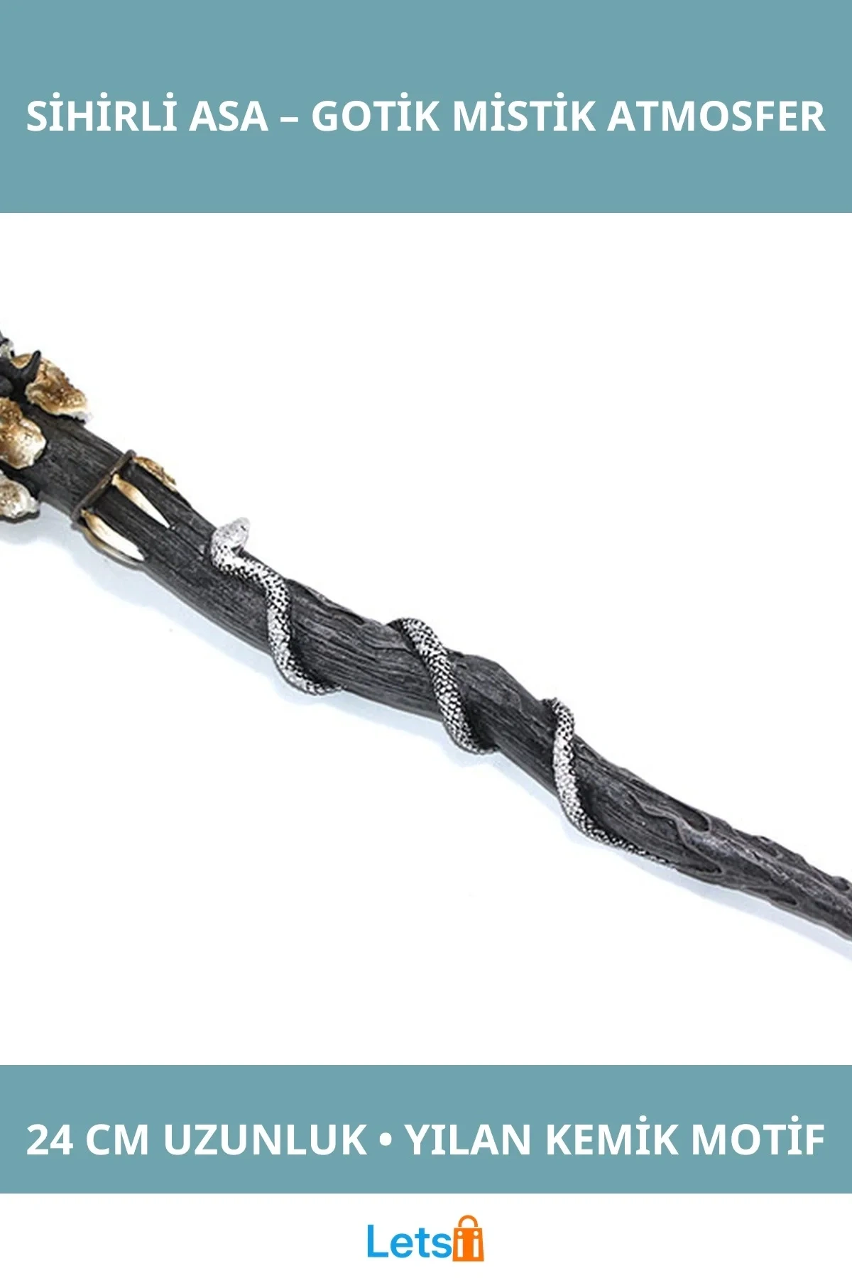 Polyester Sihirli Asa Yılan Kemik Detaylı 24 cm Gotik Dekoratif Aksesuar