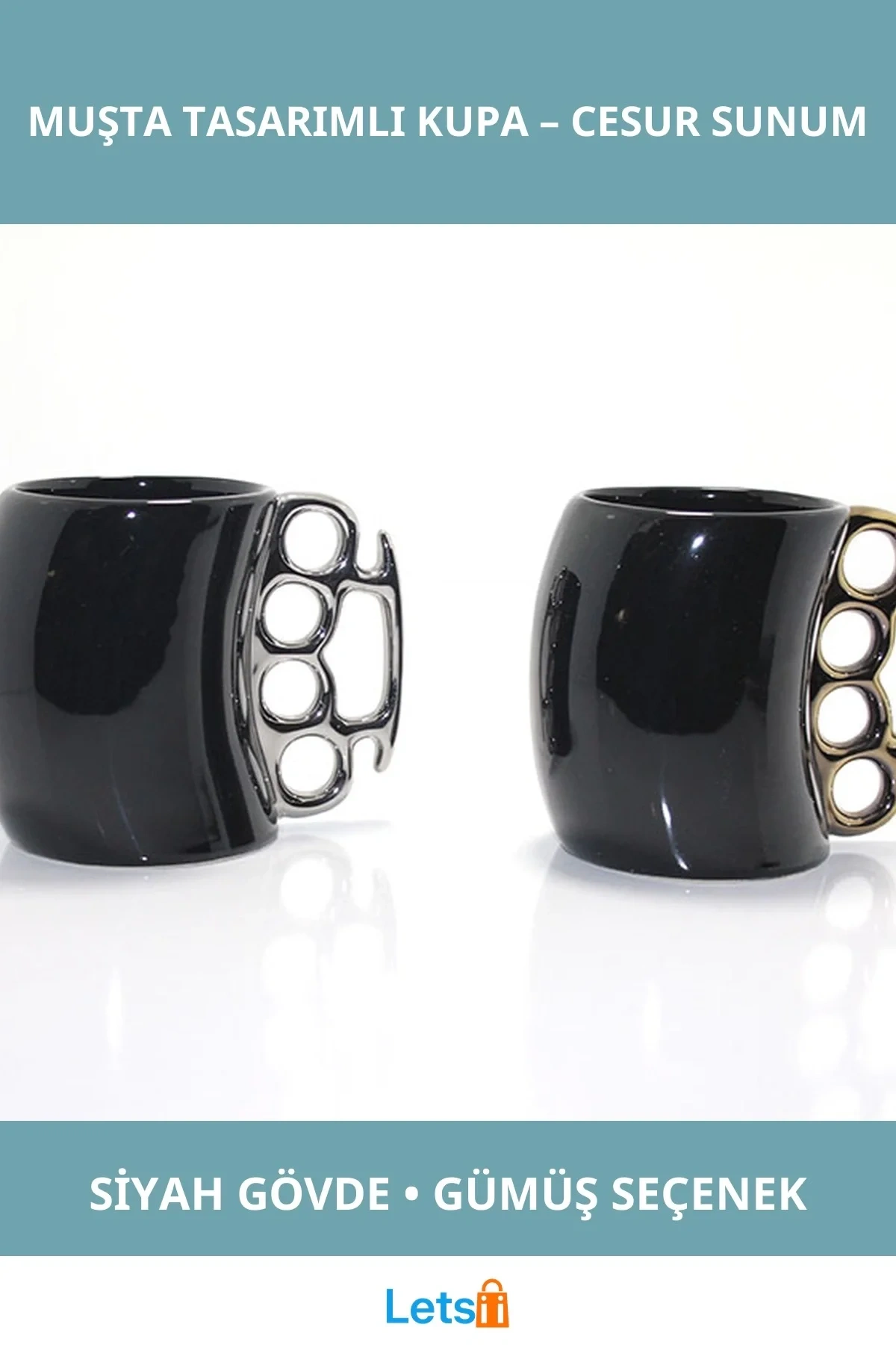 Porselen Muşta Tasarımlı Şık Kupa Bardak Siyah/Rose/Gümüş