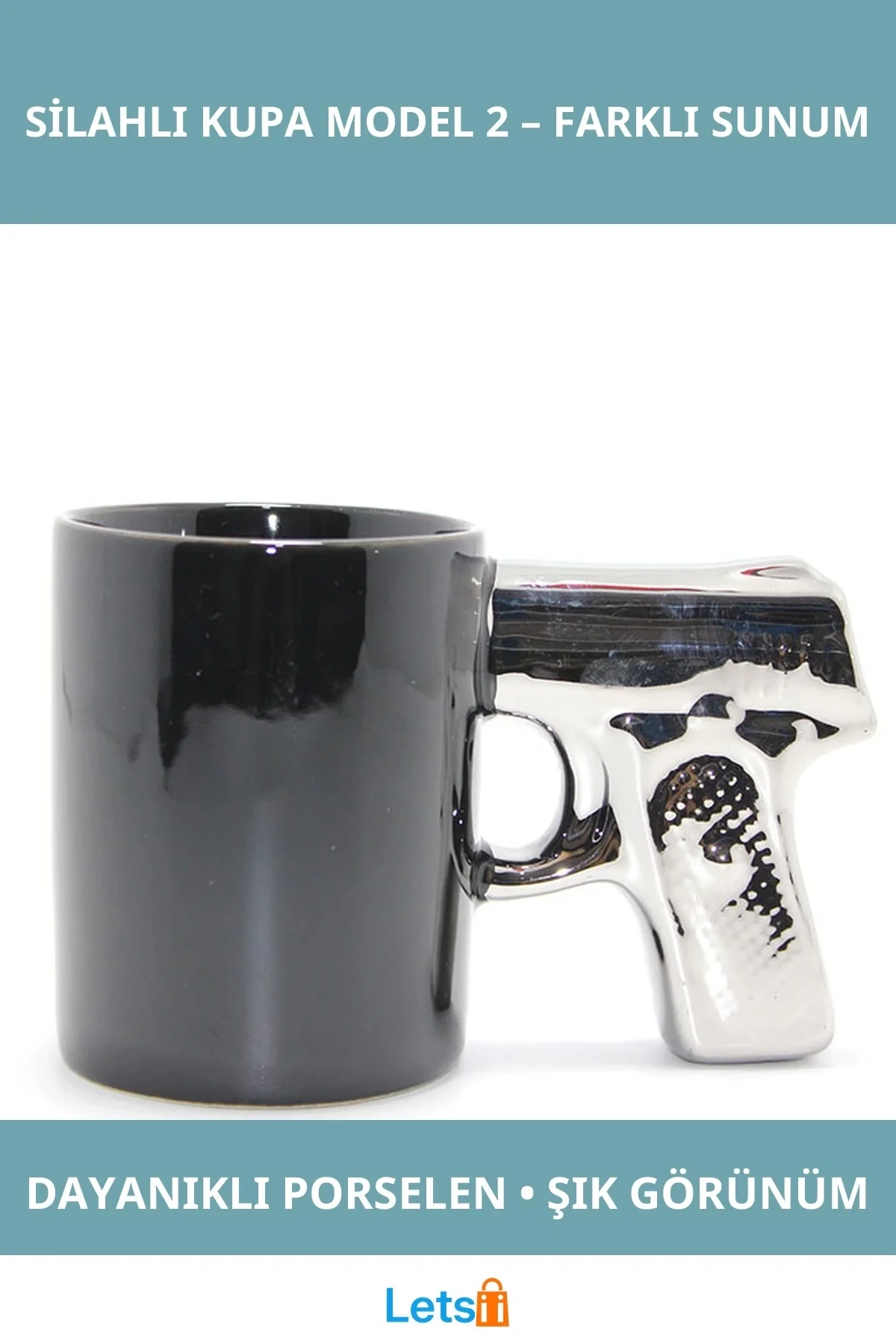 Porselen Silahlı Kupa Bardak Siyah Metalik Tasarım