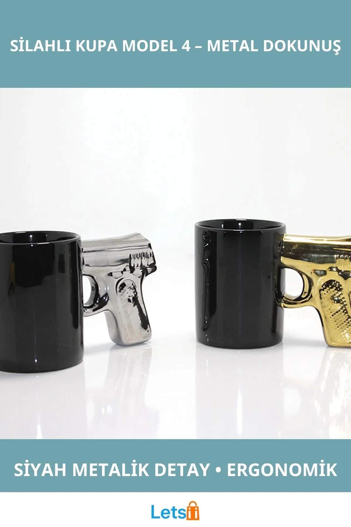 Porselen Silahlı Kupa Bardak Siyah Metalik Tasarım