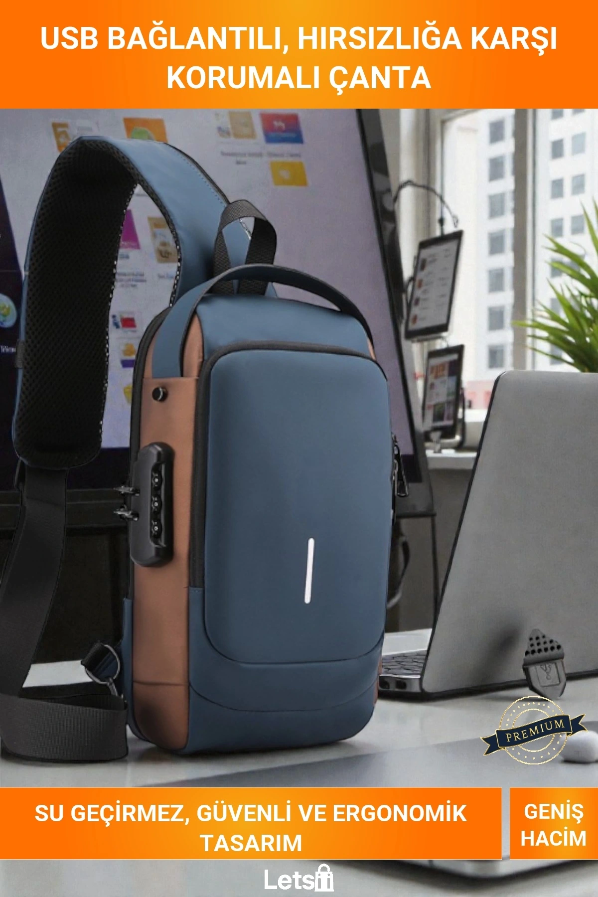 Powerbank Destekli USB Şarj Girişli Su Geçirmez Şifreli Kilitli Erkek Ön Göğüs Çantası