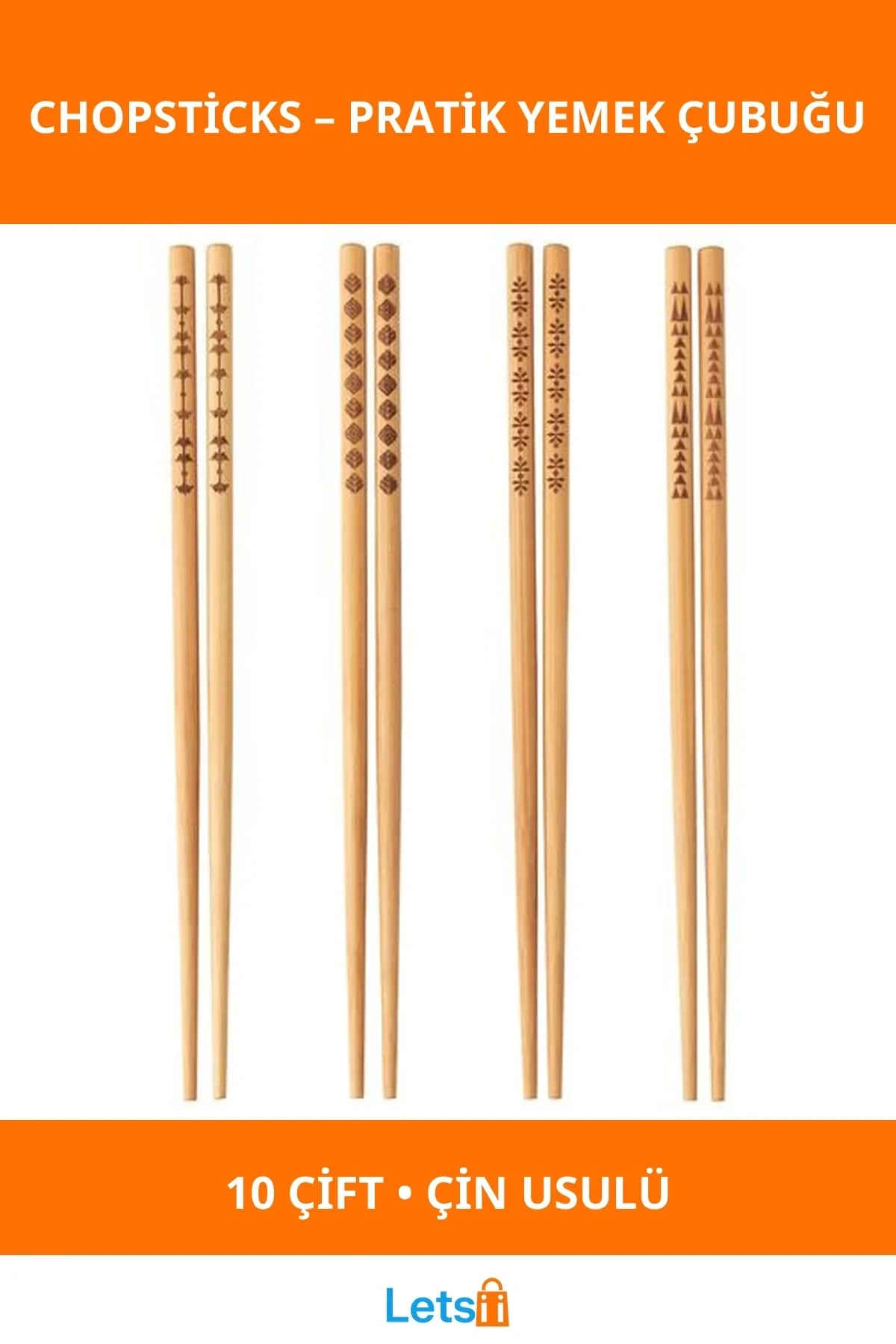 Pratik Çin Usulü Ahşap Yemek Çubukları 10 Çift