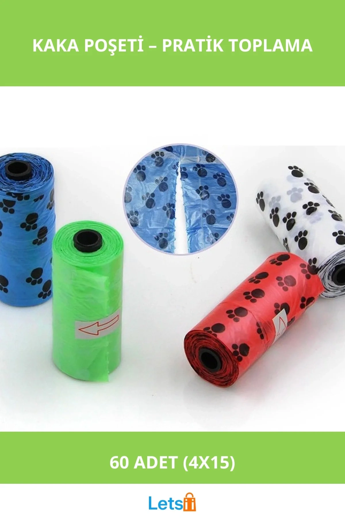 Pratik ve Renkli Köpek Dışkı Poşeti 4 Rulo 60 Adet