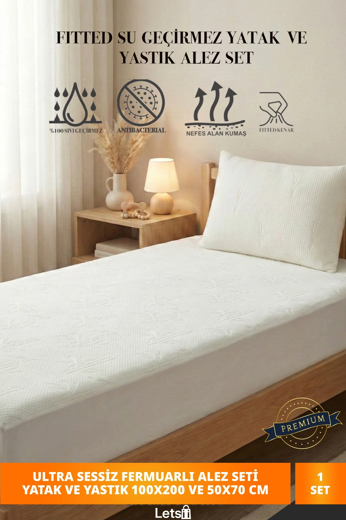 Premium Sıvı Geçirmez Tek Kişilik Alez + Yastık Alezi Seti | Ultra Sessiz Fitted Yatak & Fermuarlı Yastık Koruyucu 100x200 - 50x70