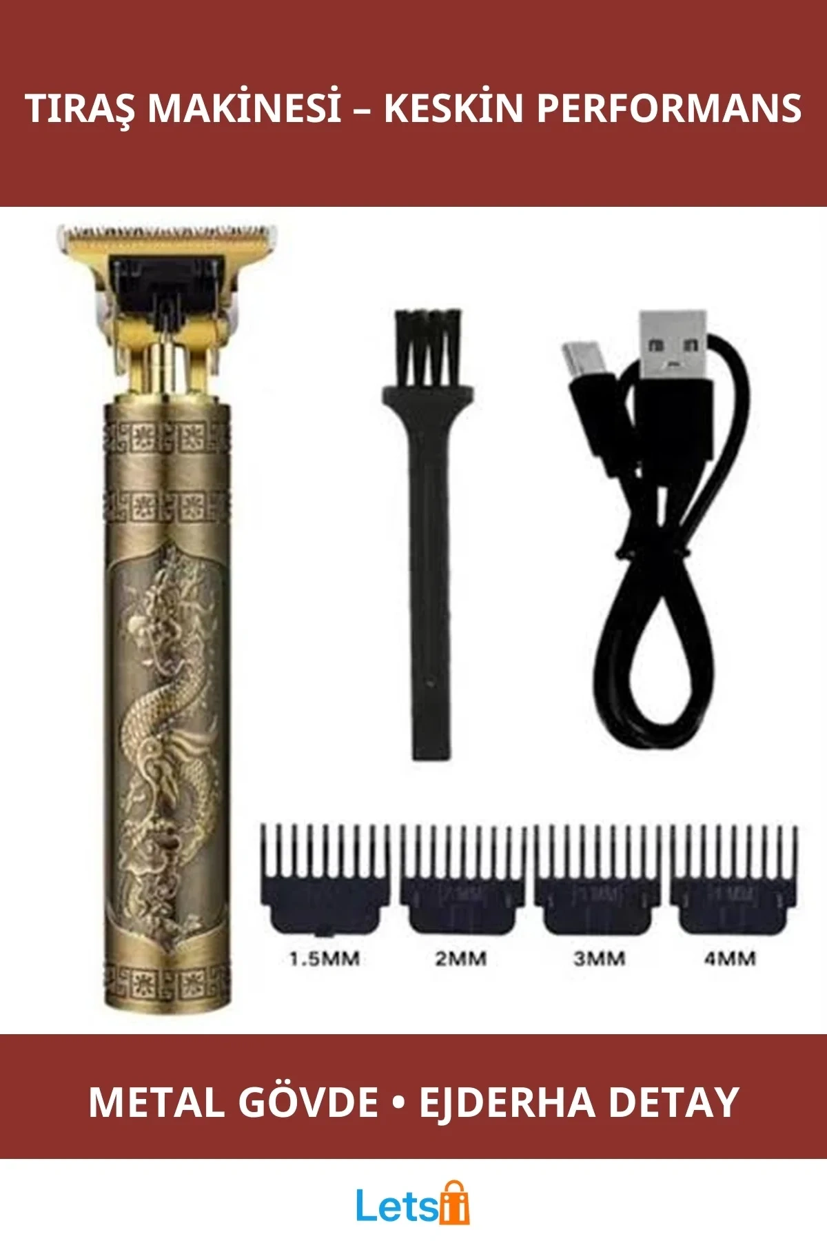 Profesyonel Metal Gövdeli Tıraş Makinesi USB Şarjlı 4 Farklı Kesim Ucu