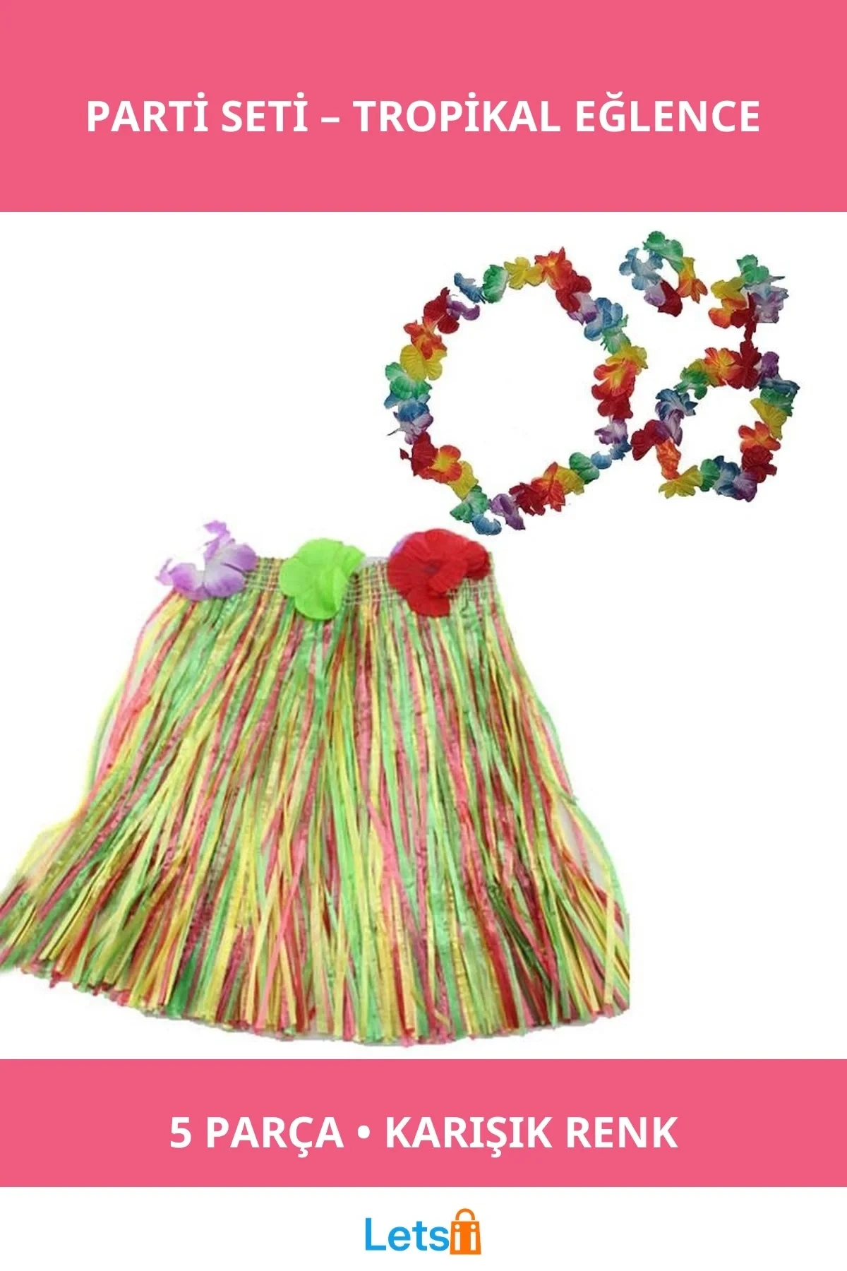 Püsküllü Çiçekli Hawaii Etek Kolye Taç Bileklik Seti