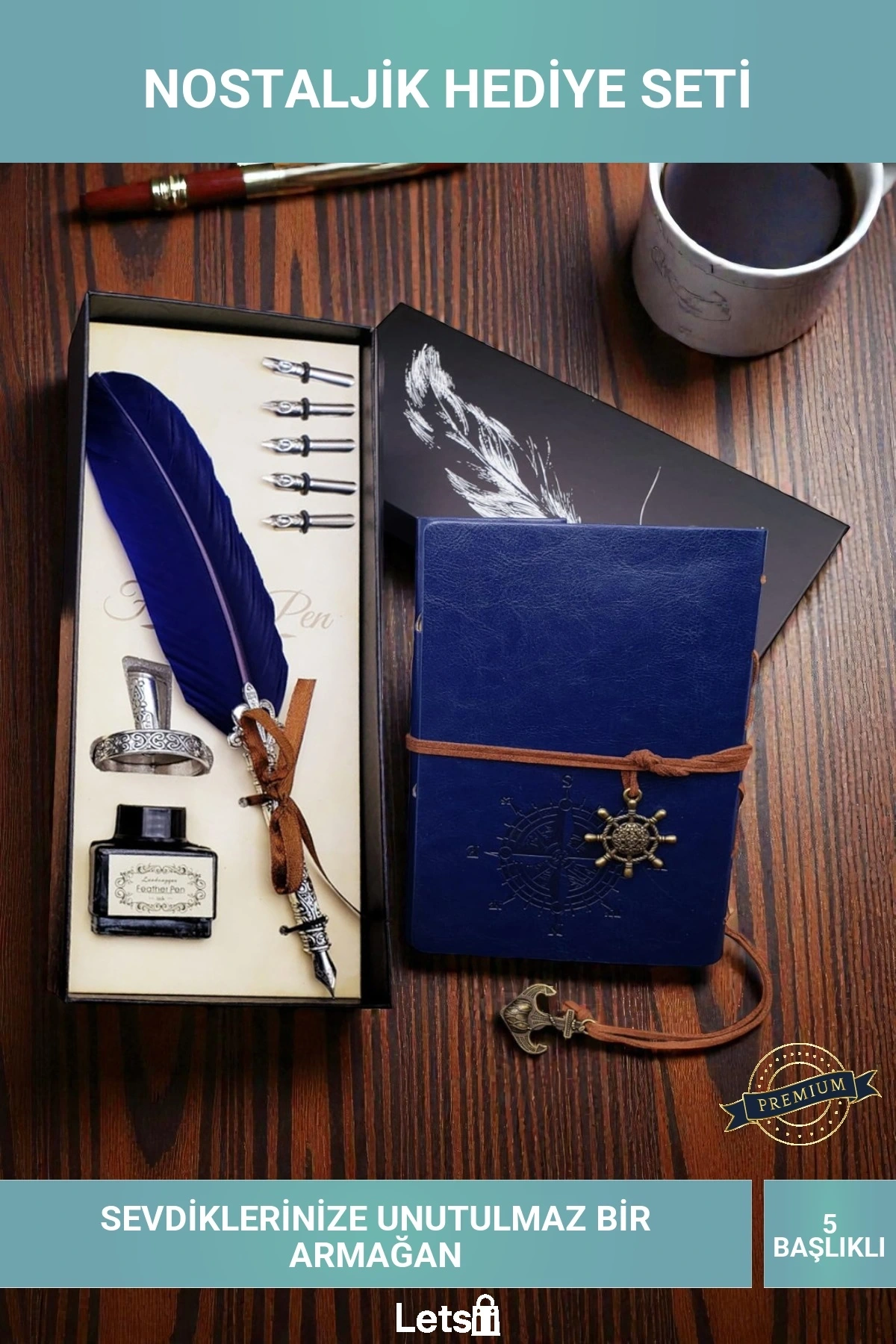 Pusula Baskılı Deri Defter ve Divit Tüylü Kalem Hediye Seti