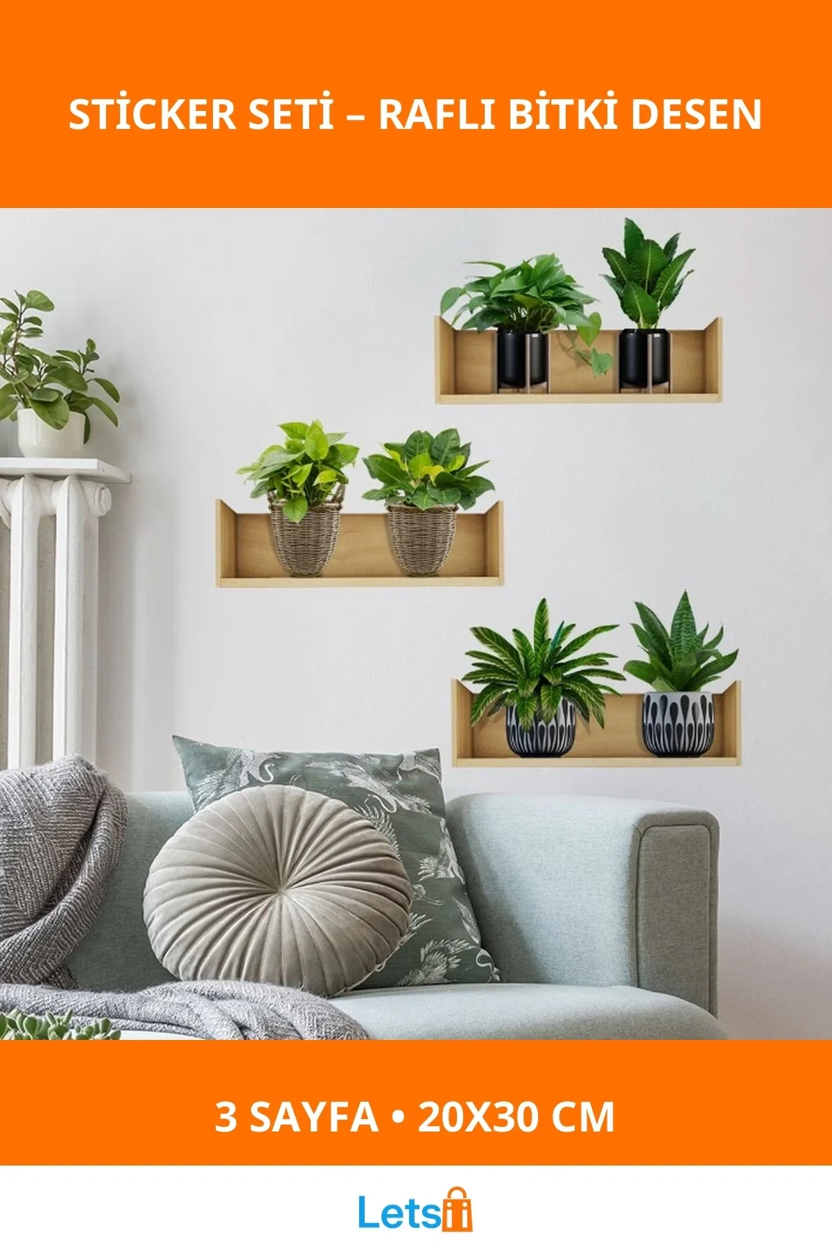Raflı Bitki Tasarımlı Yapışkanlı Sticker 20x30 cm 3 Adet