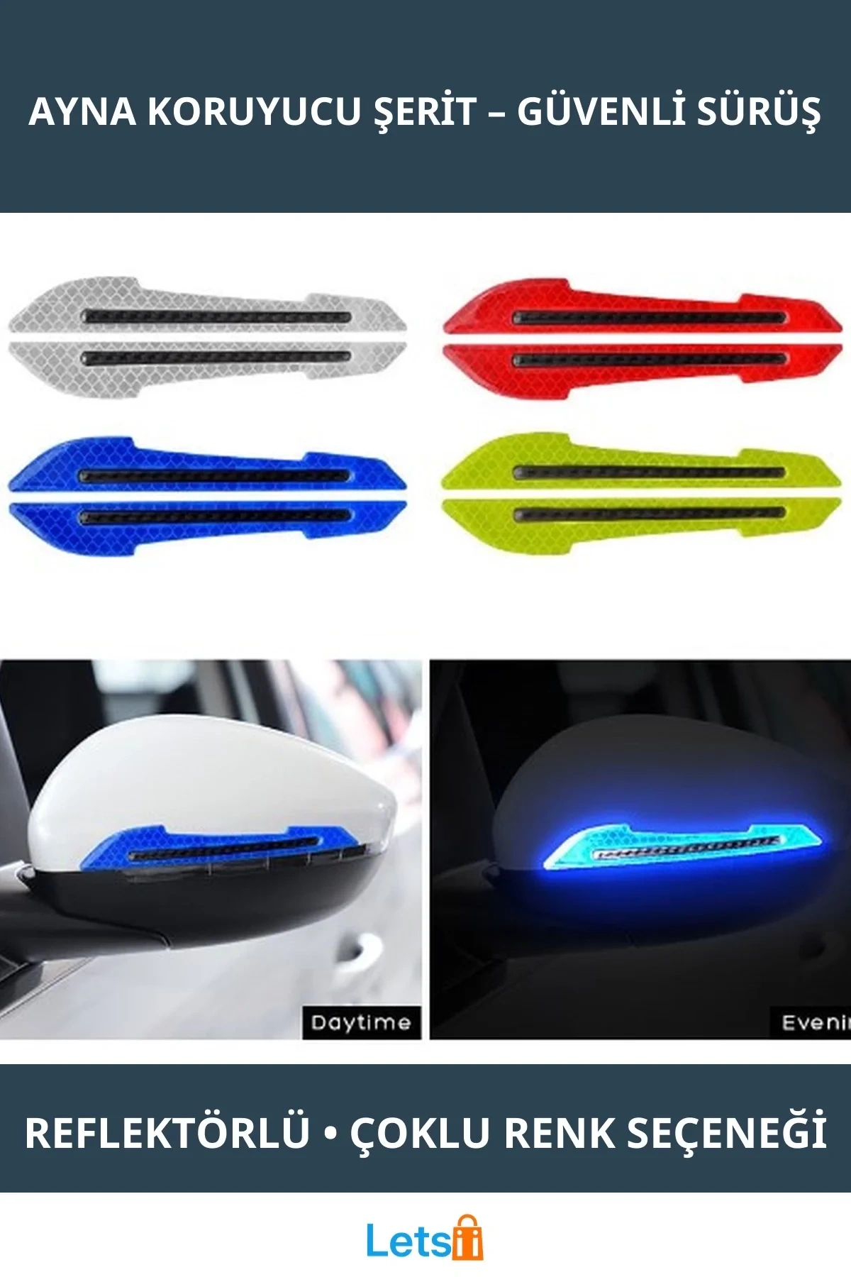 Reflektörlü Araba Aynası Koruyucu Şerit 2 Adet Sarı, Mavi, Kırmızı
