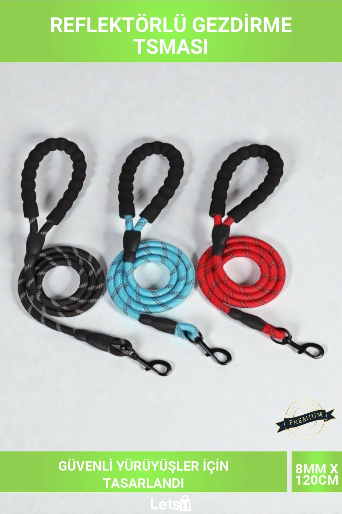 Reflektörlü Fitil Köpek Gezdirme Tasması 8mm x 120cm Güvenli Yürüyüş Tasması