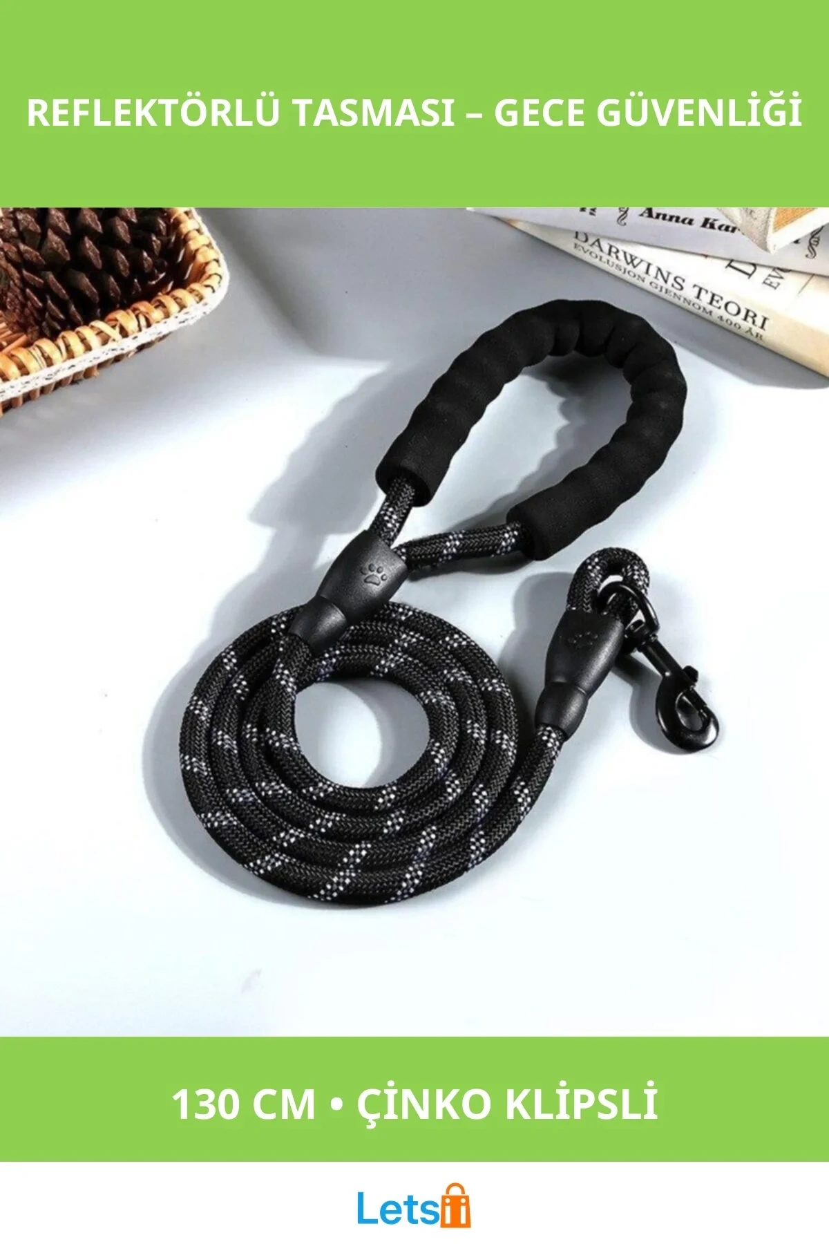 Reflektörlü Yansıtıcı Konforlu Köpek Tasması 130 Cm Orta ve Büyük Boy Siyah