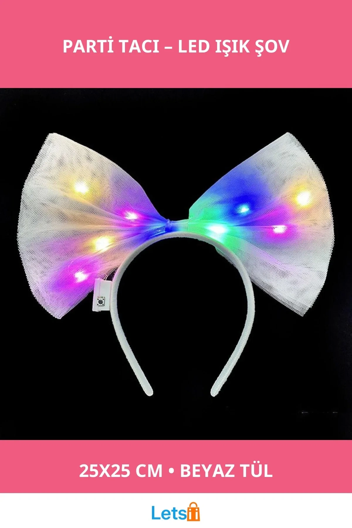 Rengarenk LED Işıklı Fiyonk Tül Parti Tacı Beyaz 25x25 cm