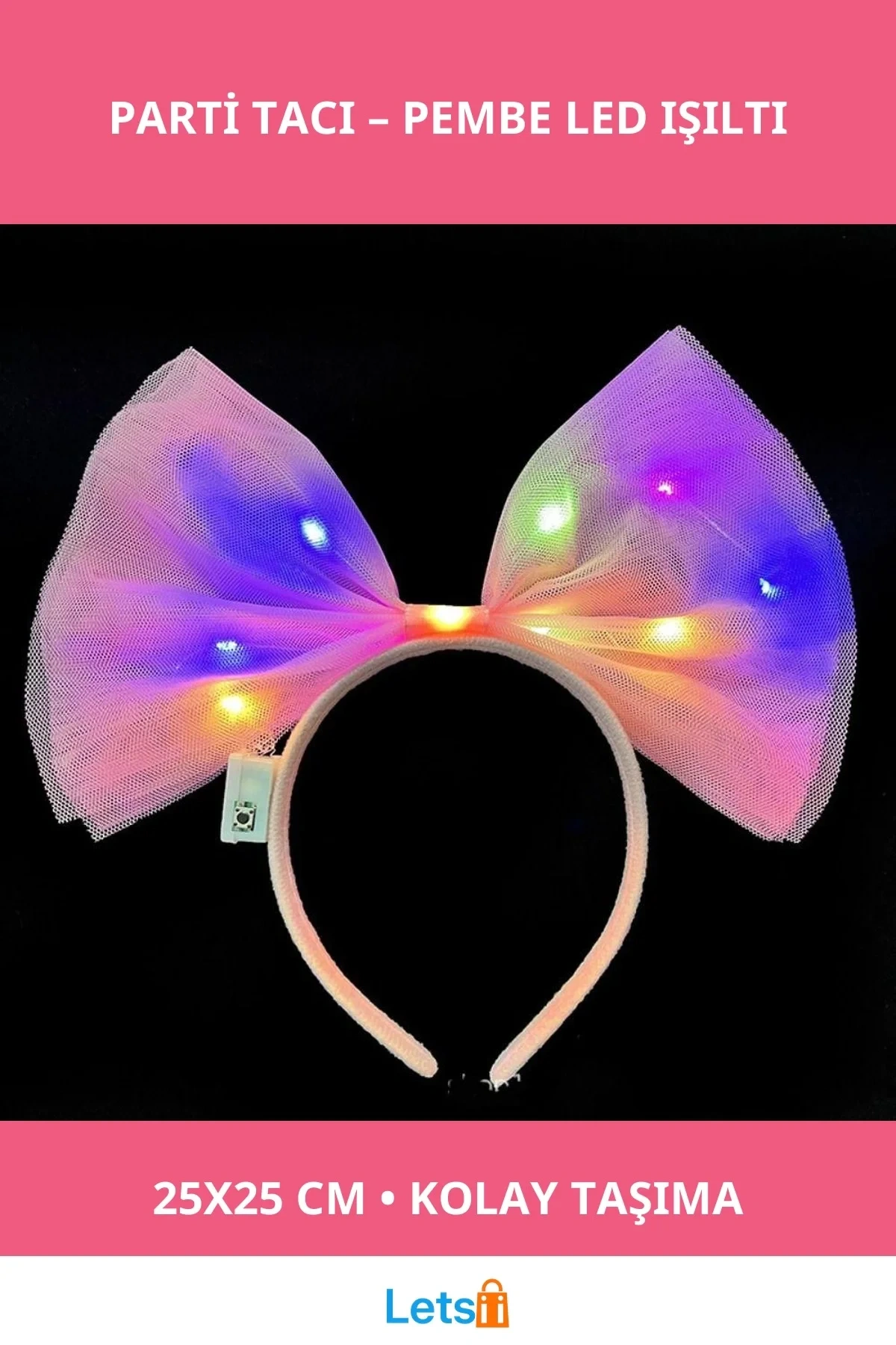 Rengarenk LED Işıklı Fiyonk Tül Parti Tacı Pembe 25x25 cm